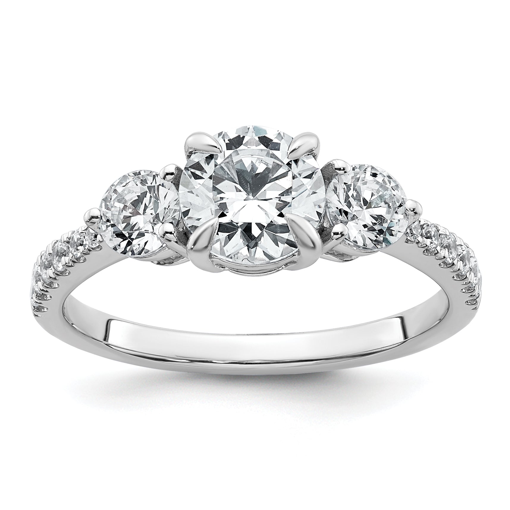 14k White Gold 5/8 carat Lab Grown Diamond VS+ F+ Round Semi Mount Three Stone Engagement Ring