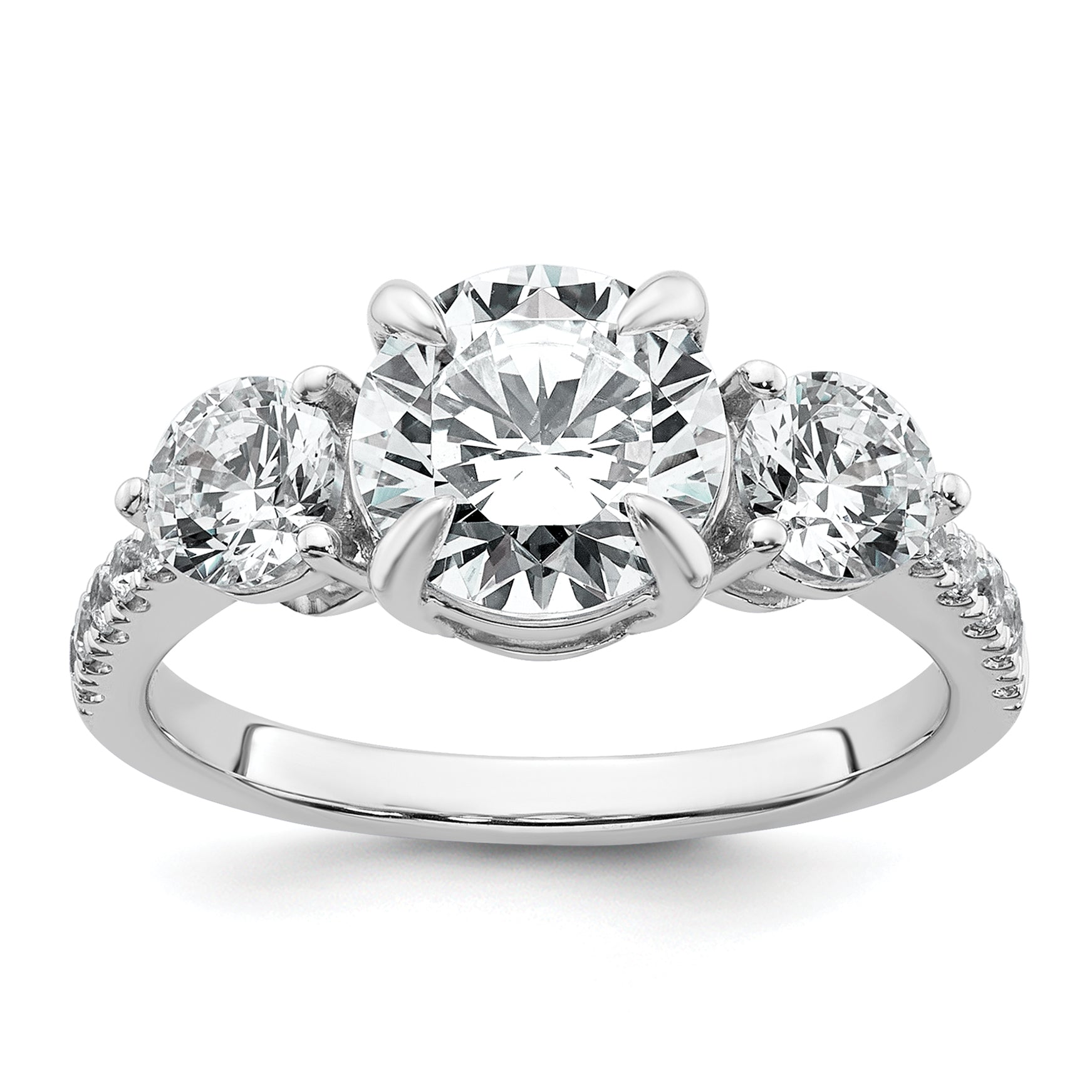 14k White Gold 1 carat Lab Grown Diamond VS+ F+ Round Semi Mount Three Stone Engagement Ring
