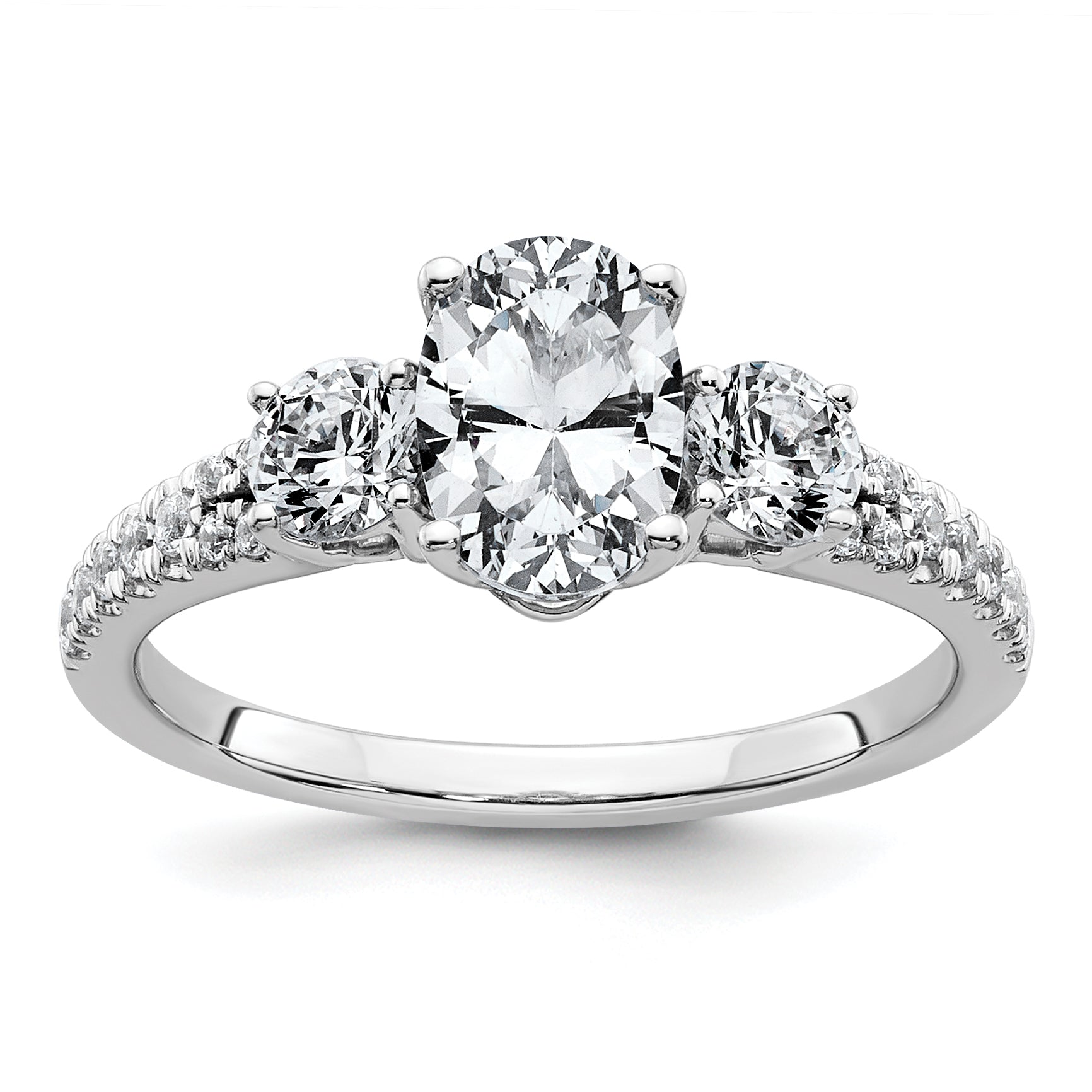14k White Gold 1 5/8 carat Lab Grown Diamond VS+ F+ Oval with Round Complete Three Stone Engagement Ring