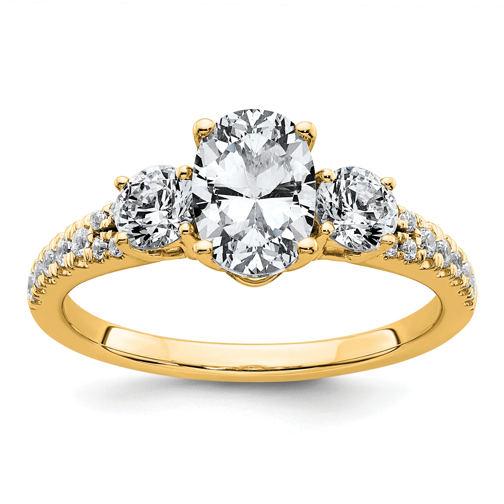 14k 1 5/8 carat Lab Grown Diamond VS+ F+ Oval with Round Complete Three Stone Engagement Ring