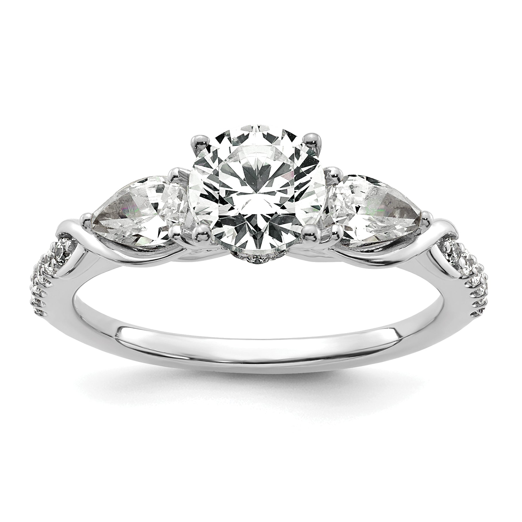 14k White Gold 5/8 carat Lab Grown Diamond VS+ F+ 1 carat Center Round Semi Mount Three Stone Engagement Ring
