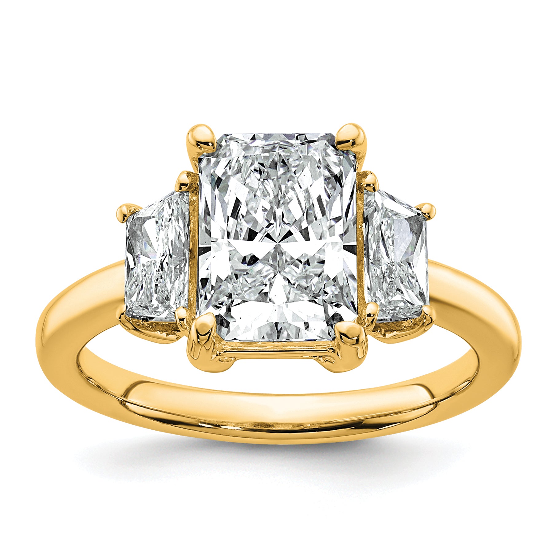 14k 3 1/3 carat Certified Lab Grown Diamond VS+ F+ Radiant and Trapezoid Complete Three Stone Engagement Ring
