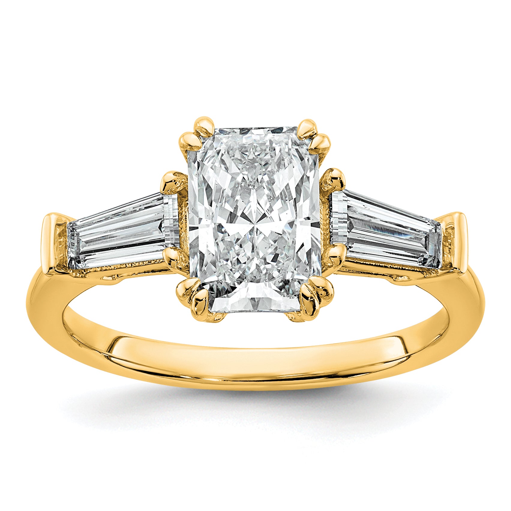 14k 2 carat Certified Lab Grown Diamond VS+ F+ Radiant with Tapered Baguette Sides Complete Engagement Ring