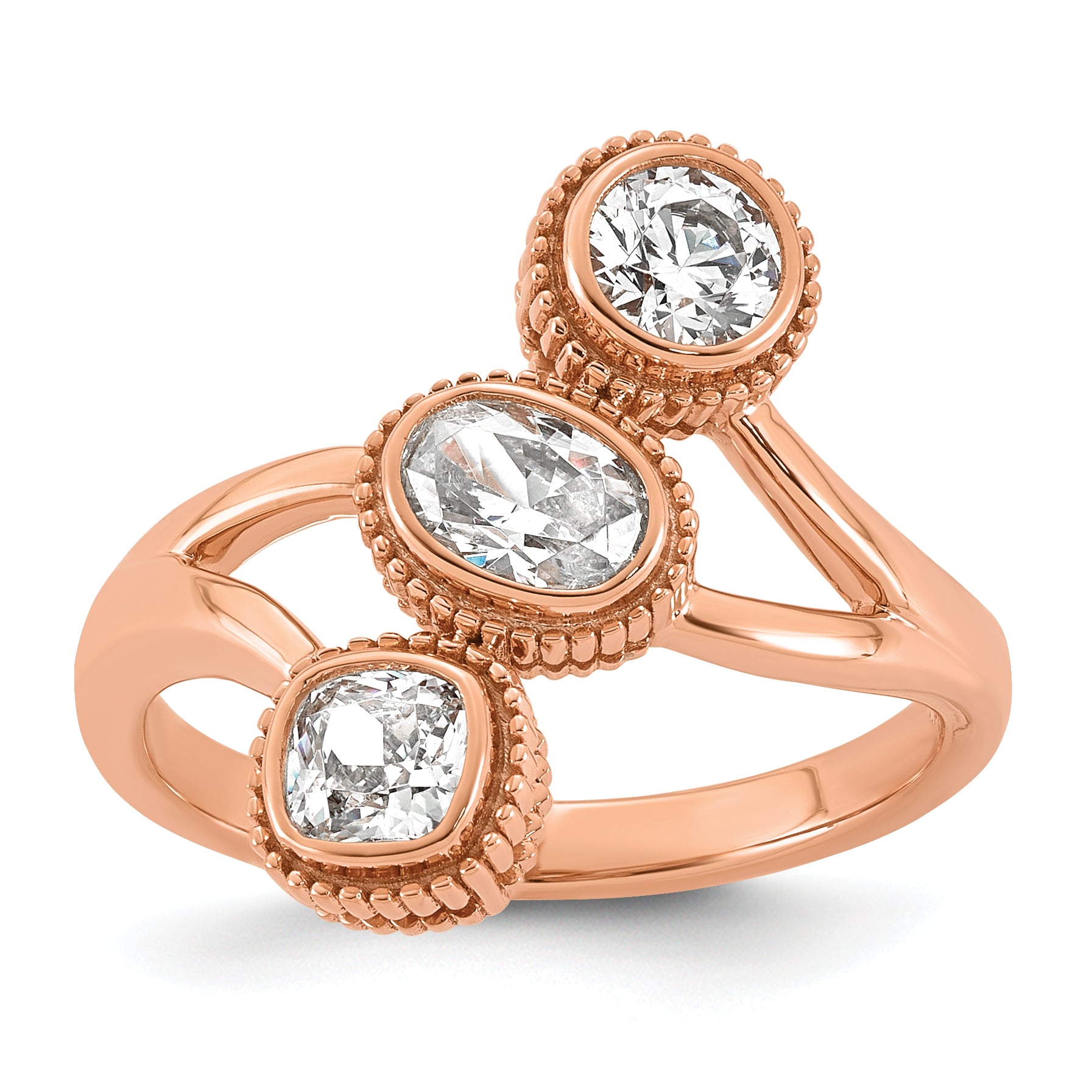 14k Rose Gold 1 carat Lab Grown Diamond VS+ F+ Complete Three Stone Bezel Set Fashion Ring