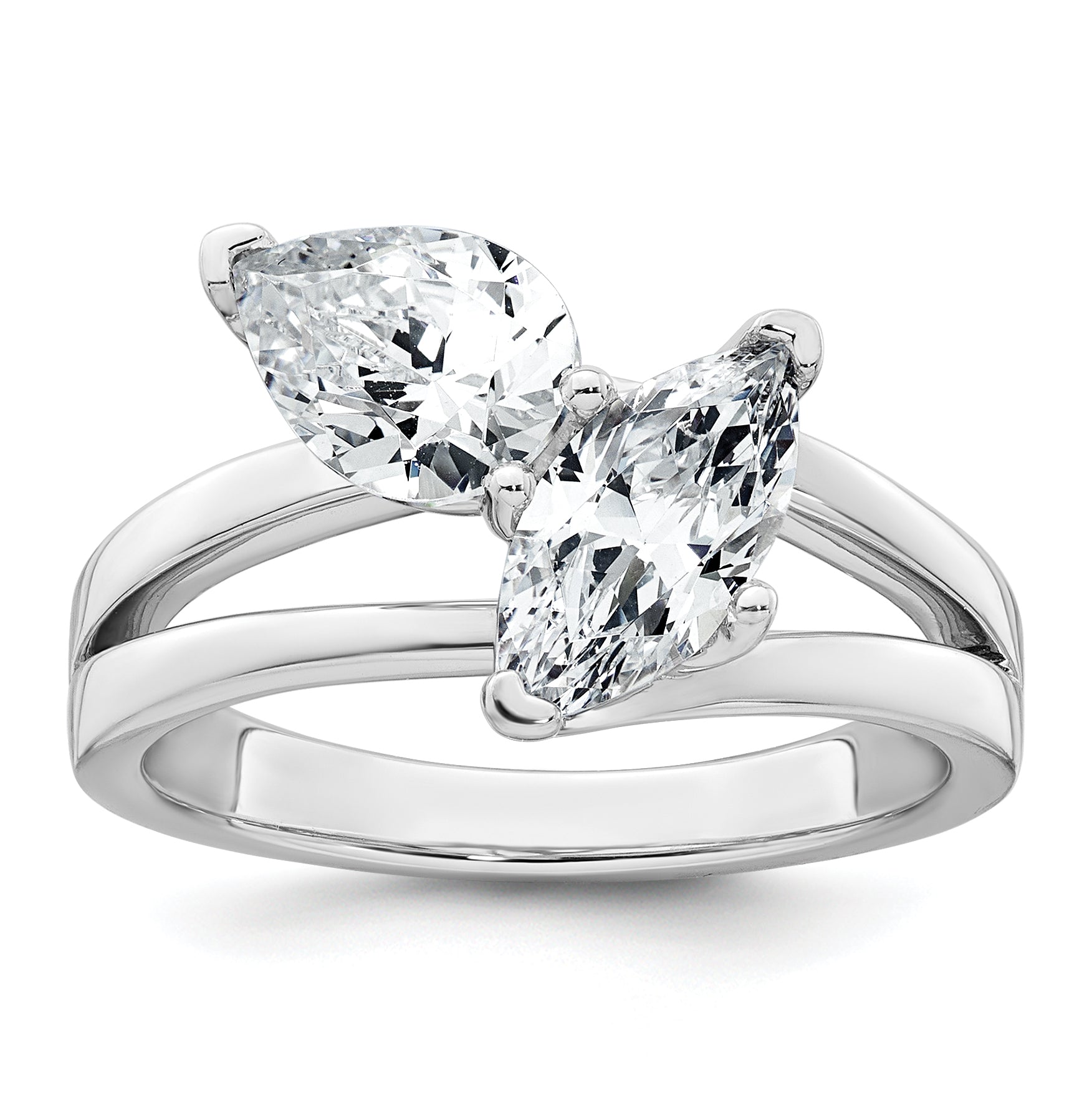 14k White Gold 2 carat Lab Grown Diamond VS+ F+ Marquise and Pear Complete Asymmetrical Two Stone Engagement Ring