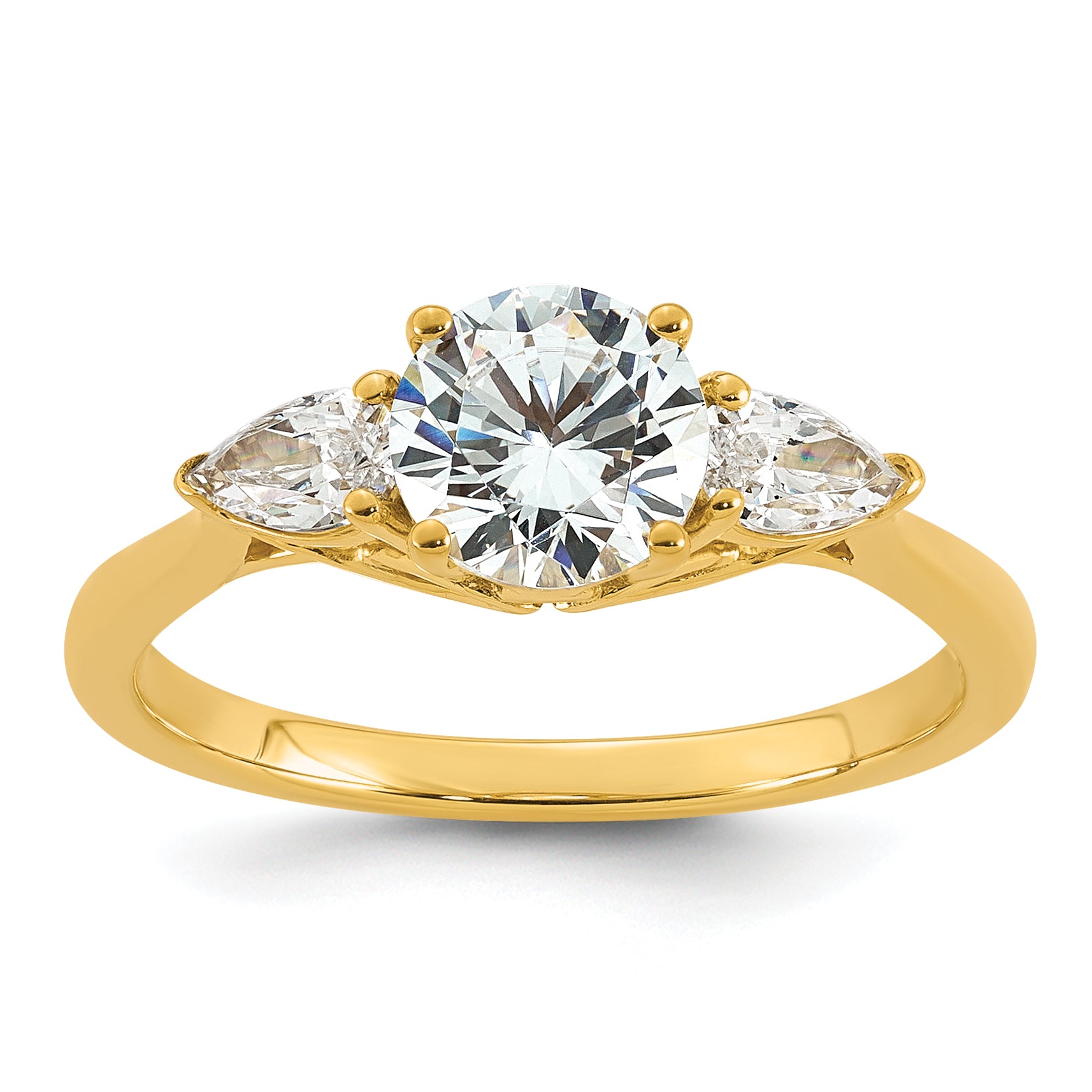 14k 1 3/8 carat Lab Grown Diamond VS+ F+ Round with Pear Sidestones Complete Three Stone Engagement Ring