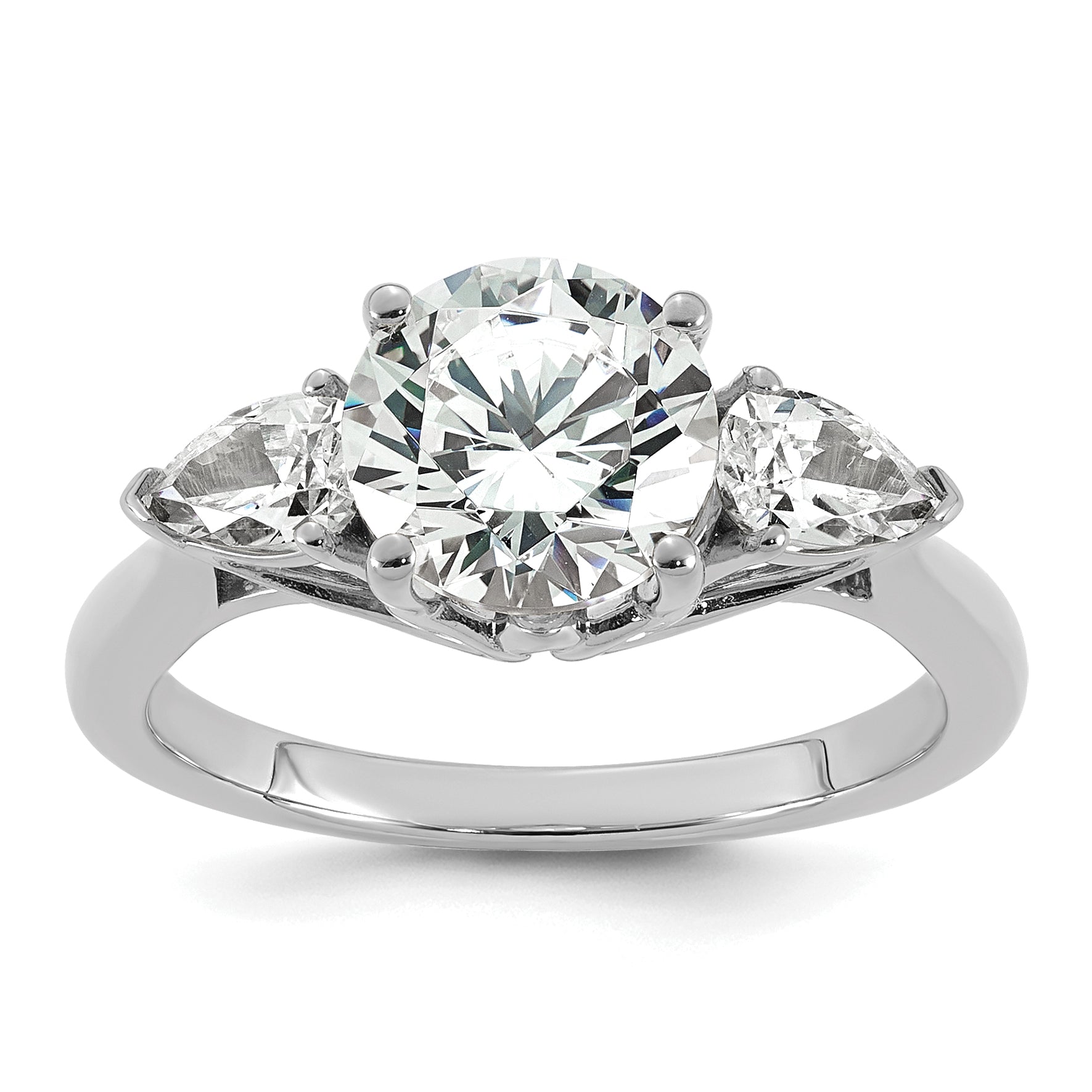 14k White Gold 2 1/2 carat Lab Grown Diamond VS+ F+ Round with Pear Sidestones Complete Three Stone Engagement Ring