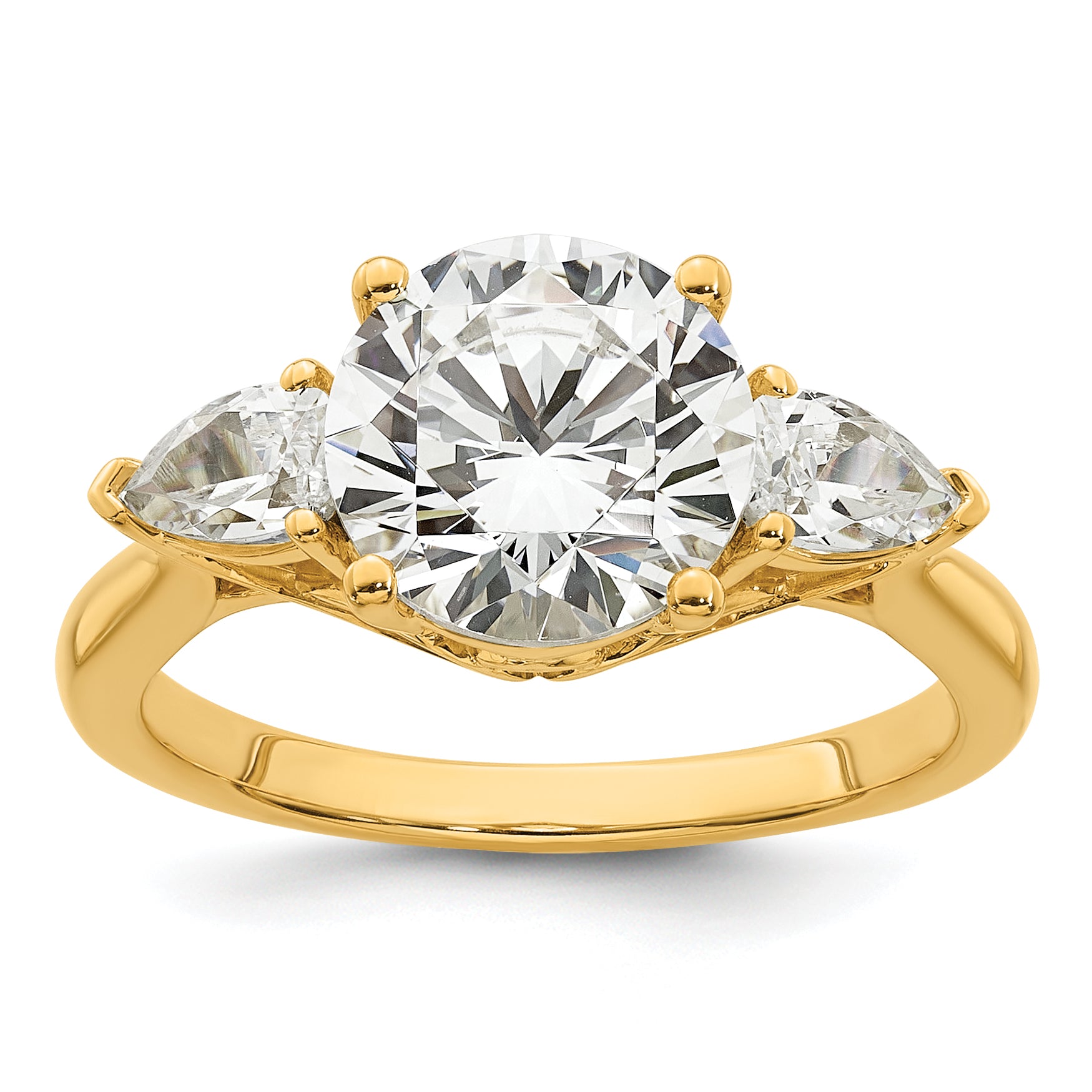 14k 3 carat Lab Grown Diamond VS+ F+ Round with Pear Sidestones Complete Three Stone Engagement Ring