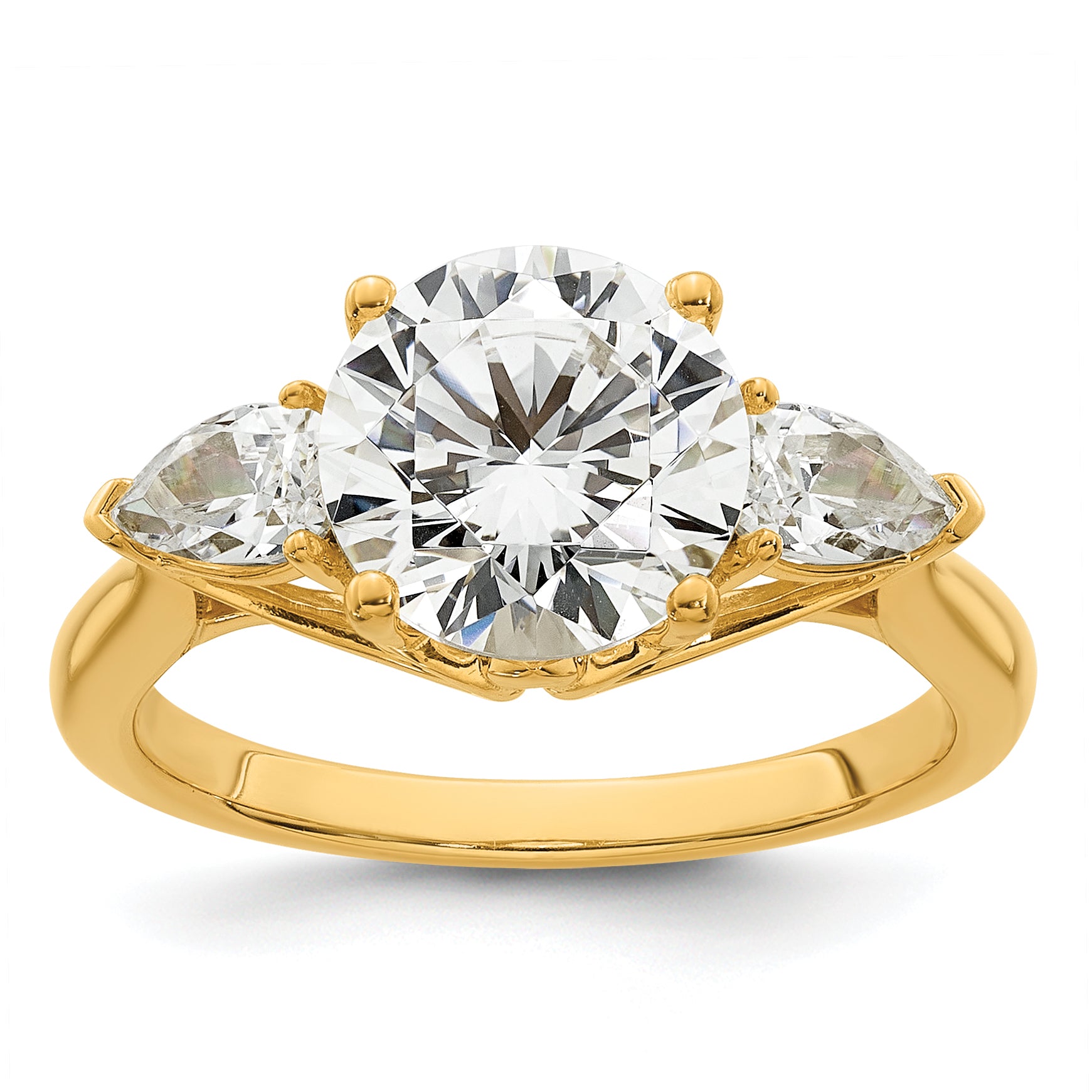 14k 3 5/8 carat Lab Grown Diamond VS+ F+ Round with Pear Sidestones Complete Three Stone Engagement Ring