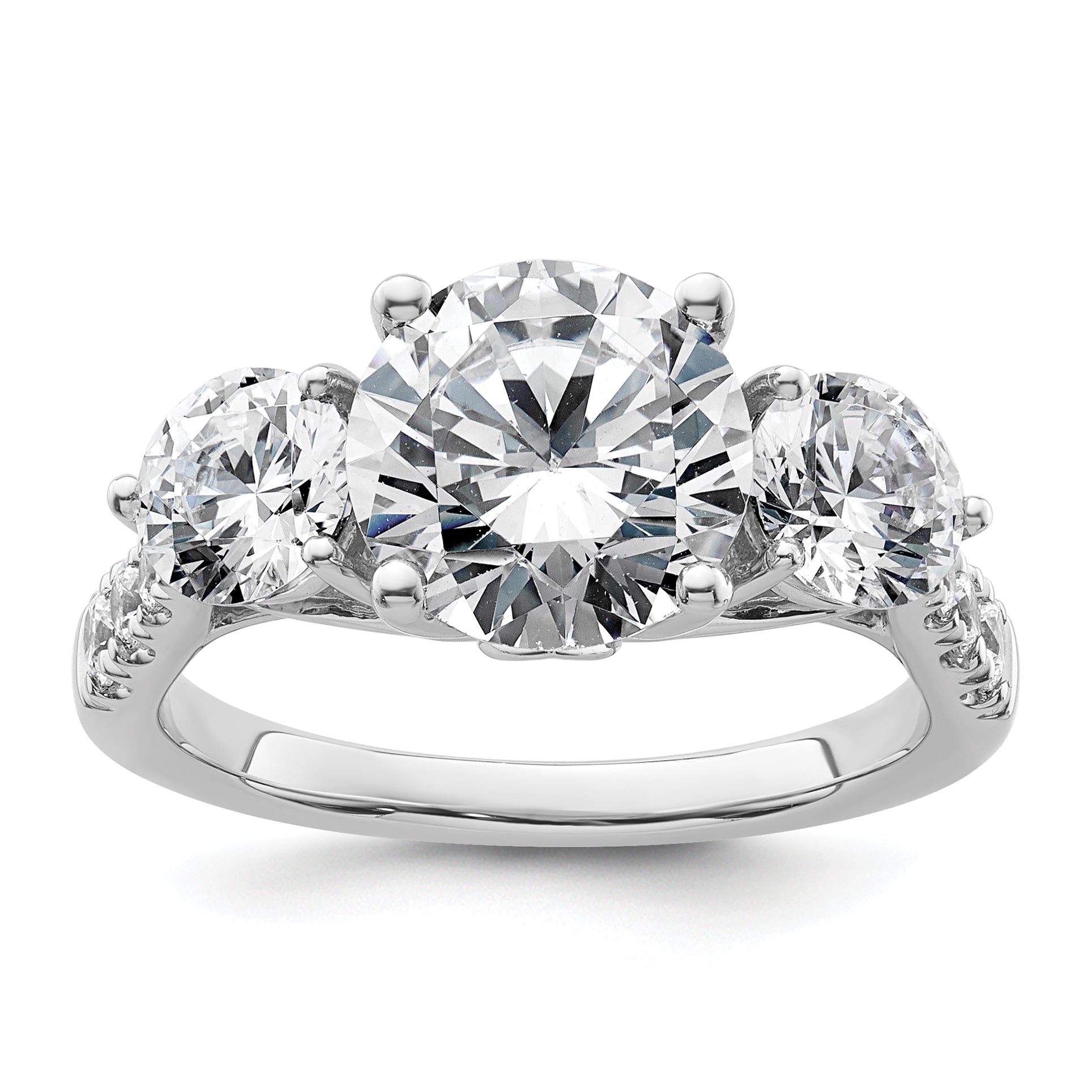 14k White Gold 4 carat Lab Grown Diamond VS+ F+ Round Complete Three Stone Engagement Ring