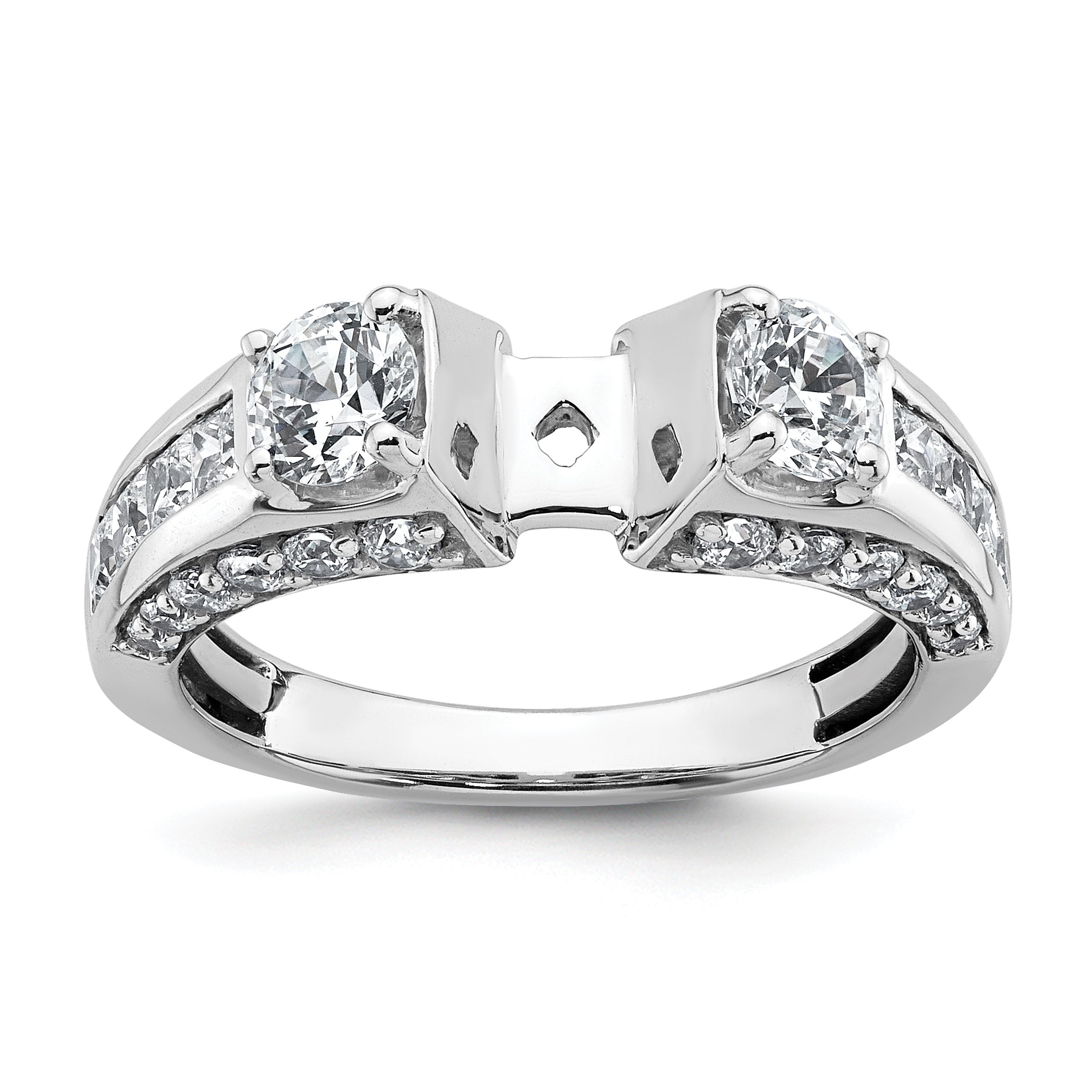 14k White Gold 1 3/4 carat Lab Grown Diamond VS+ F+ 2 carat Center Round Semi Mount Three Stone Engagement Ring