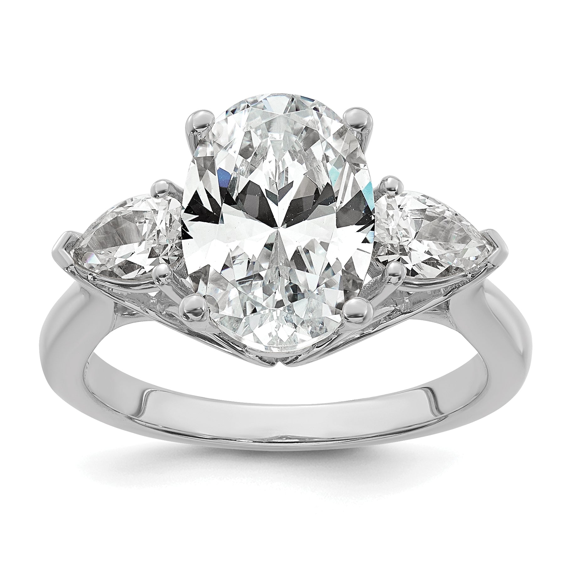 14k White Gold 3 5/8 carat Certified Lab Grown Diamond VS+ F+ Oval and Pear Complete Three Stone Engagement Ring