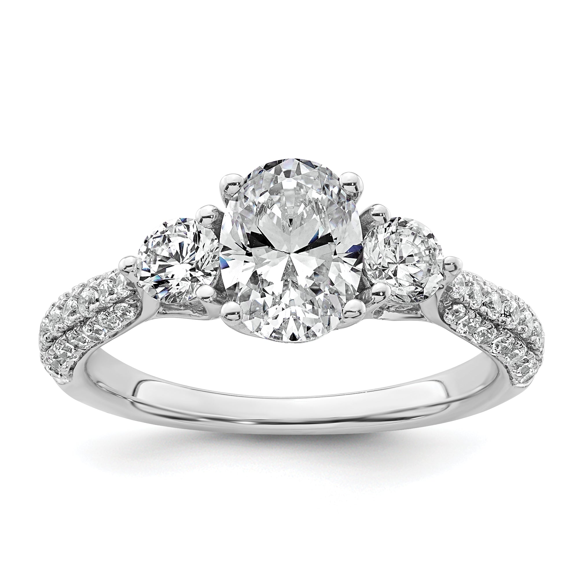 14k White Gold 1 3/4 carat Lab Grown Diamond VS+ F+ Oval and Round Complete Three Stone Engagement Ring