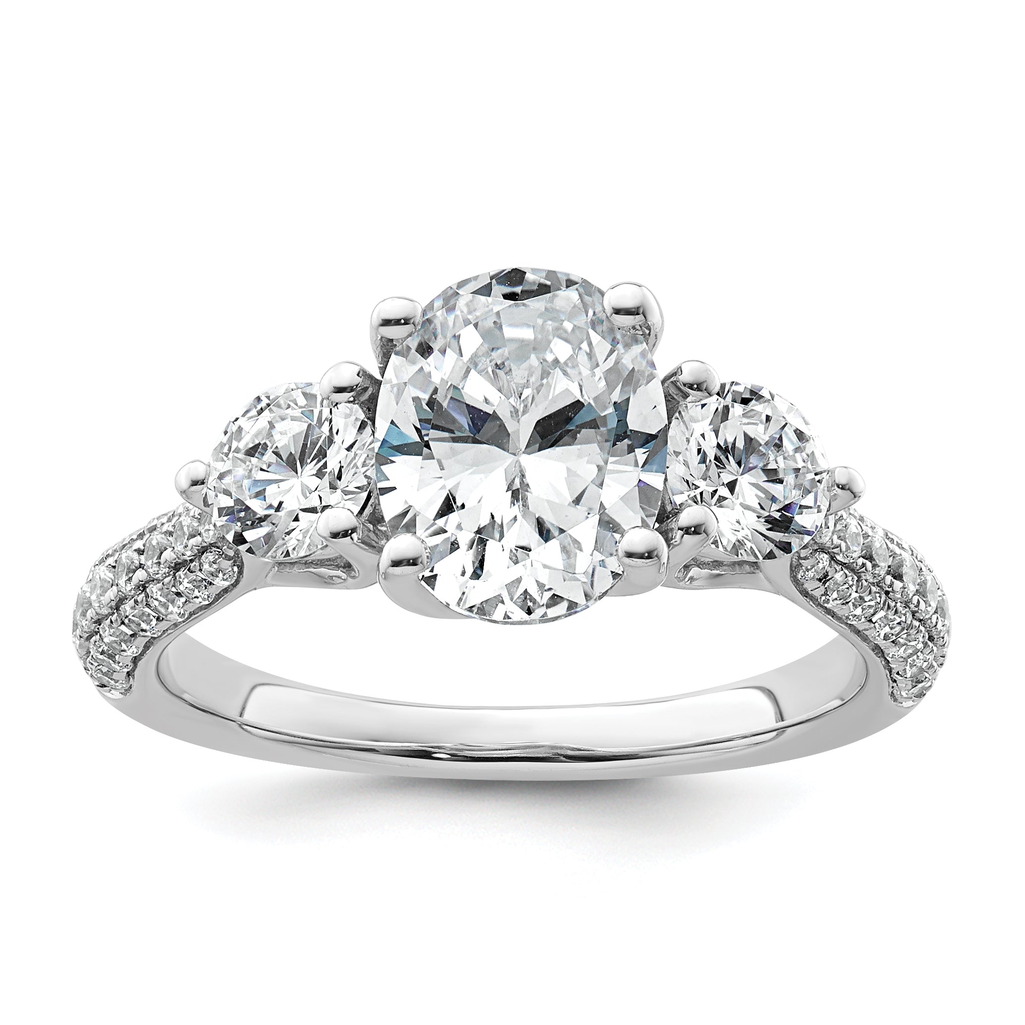 14k White Gold 2 1/2 carat Lab Grown Diamond VS+ F+ Oval and Round Complete Three Stone Engagement Ring