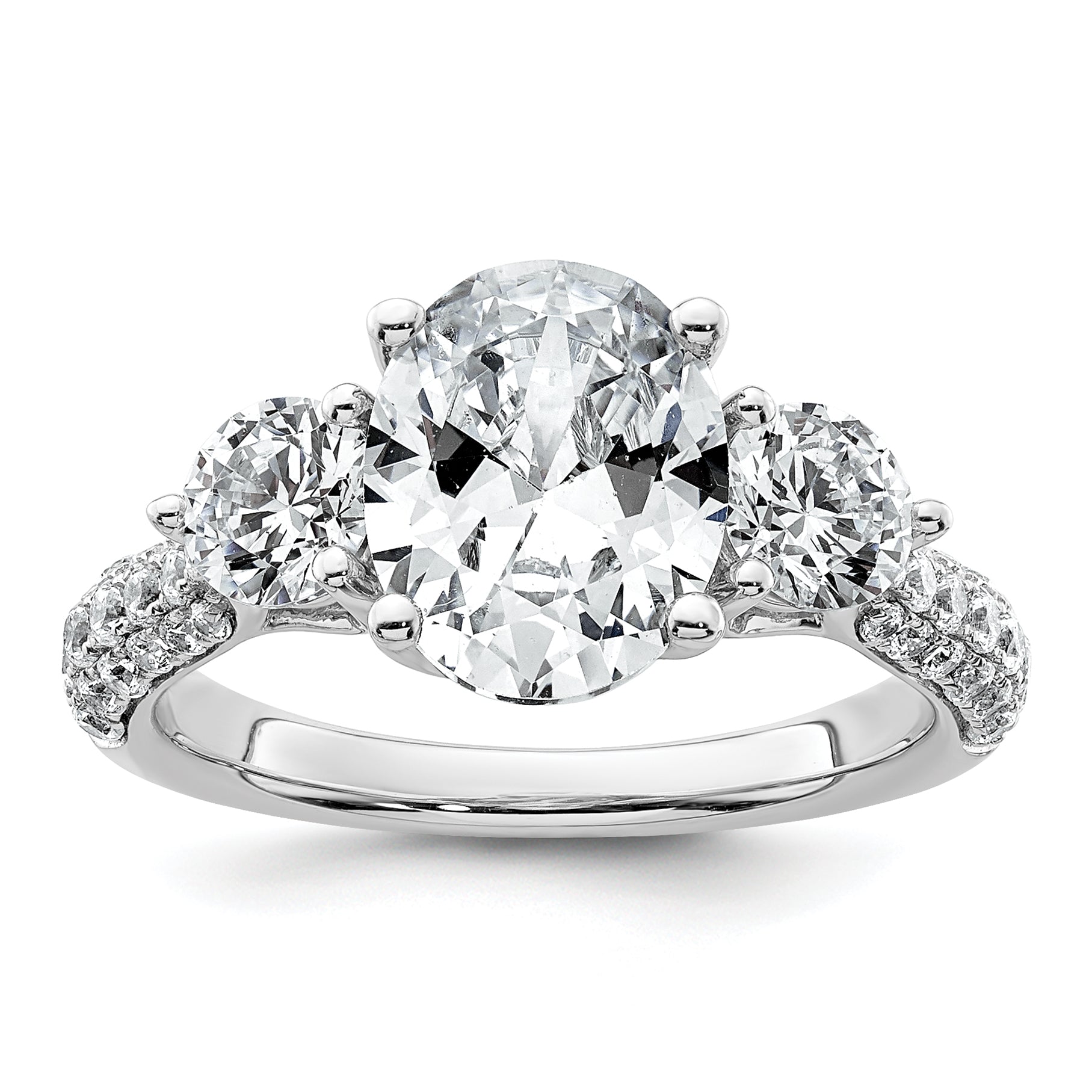 14k White Gold 3 1/5 carat Lab Grown Diamond VS+ F+ Oval and Round Complete Three Stone Engagement Ring