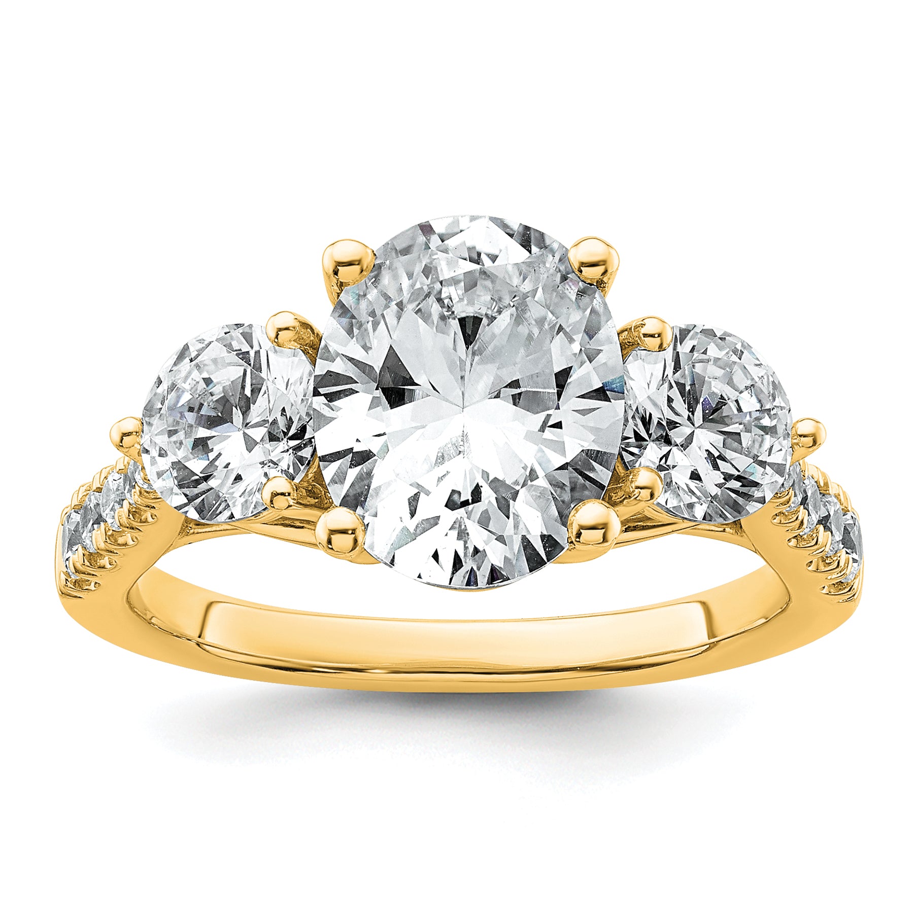 14k 3 1/4 carat Lab Grown Diamond VS+ F+ Oval and Round Complete Three Stone Engagement Ring