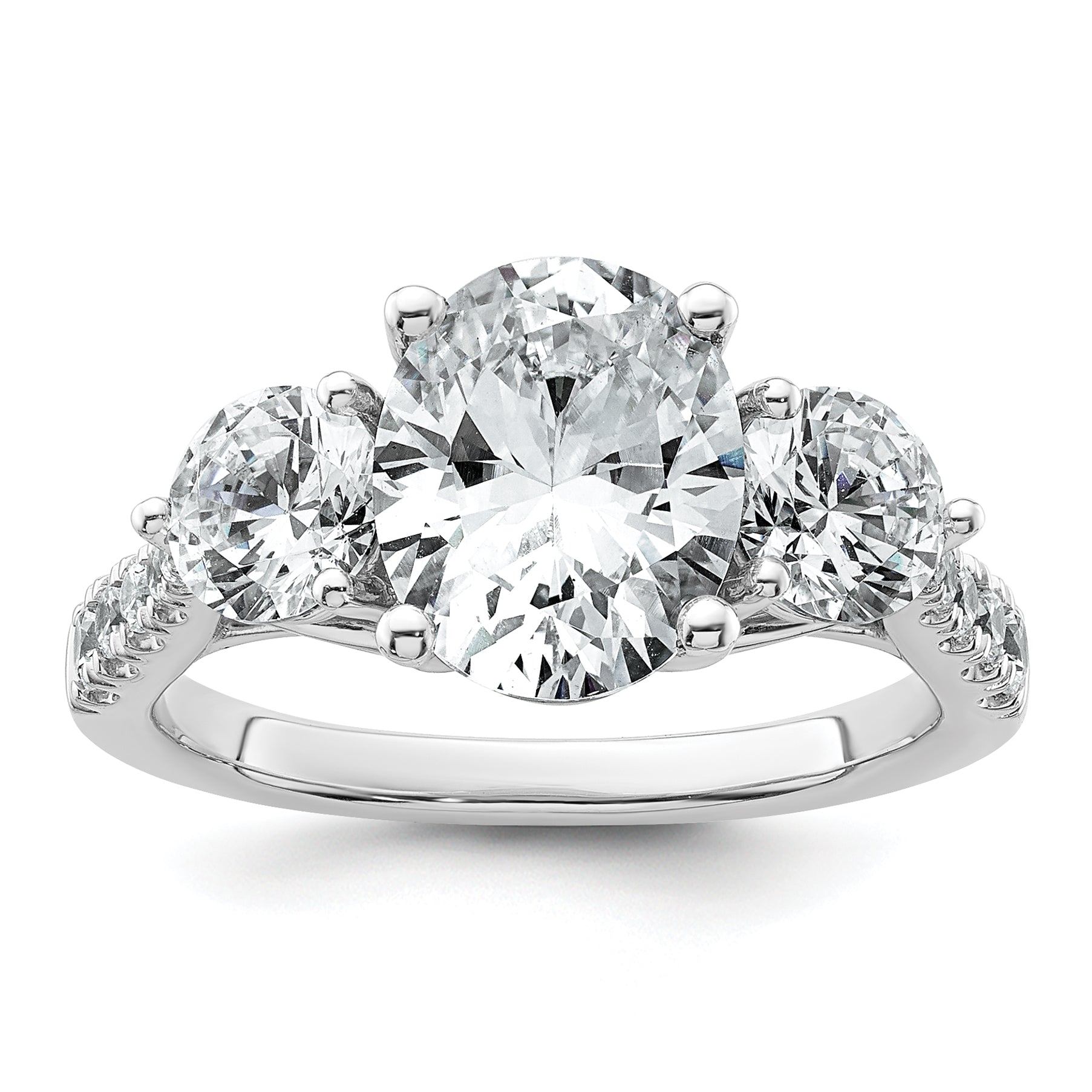 14k White Gold 3 1/4 carat Certified Lab Grown Diamond VS+ F+ Oval and Round Complete Three Stone Engagement Ring