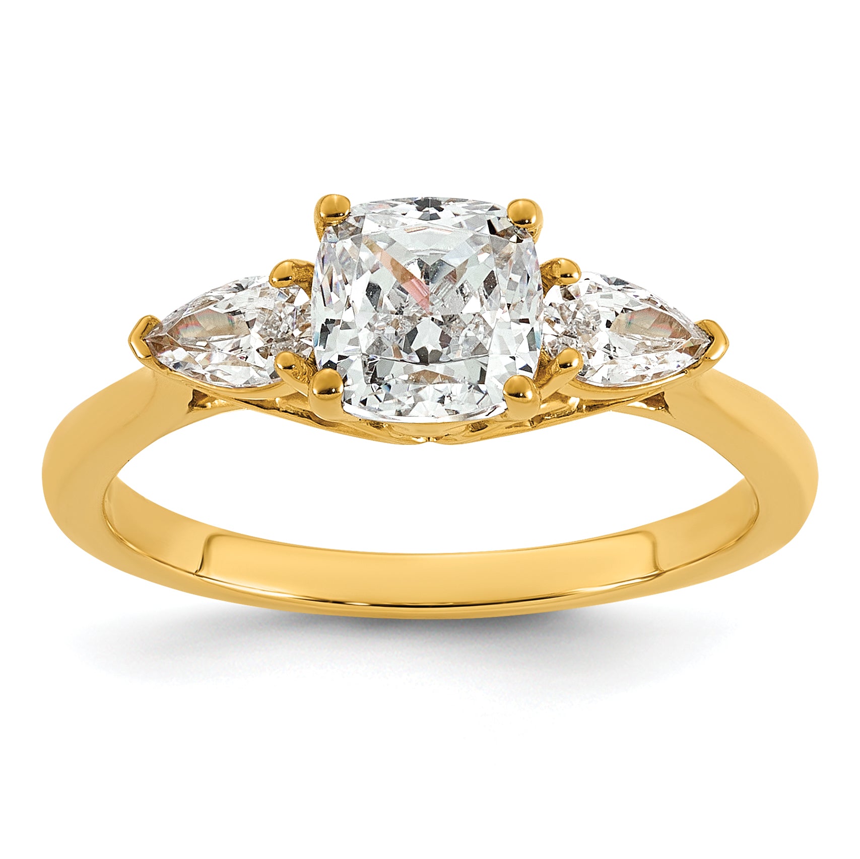 14k 1 3/8 carat Lab Grown Diamond VS+ F+ Complete Cushion and Pear Three Stone Engagement Ring