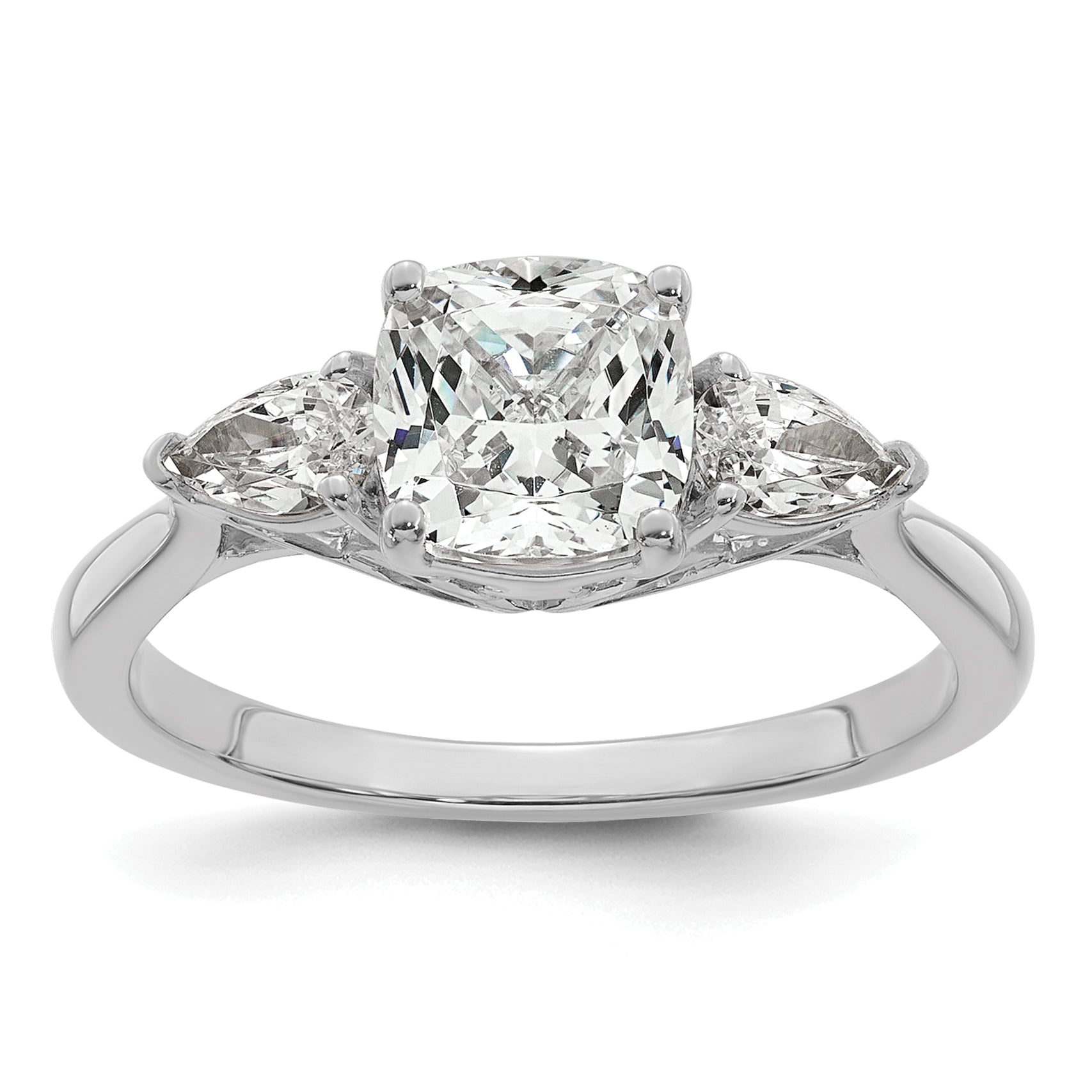 14k White Gold 2 carat Certified Lab Grown Diamond VS+ F+ Complete Cushion and Pear Three Stone Engagement Ring