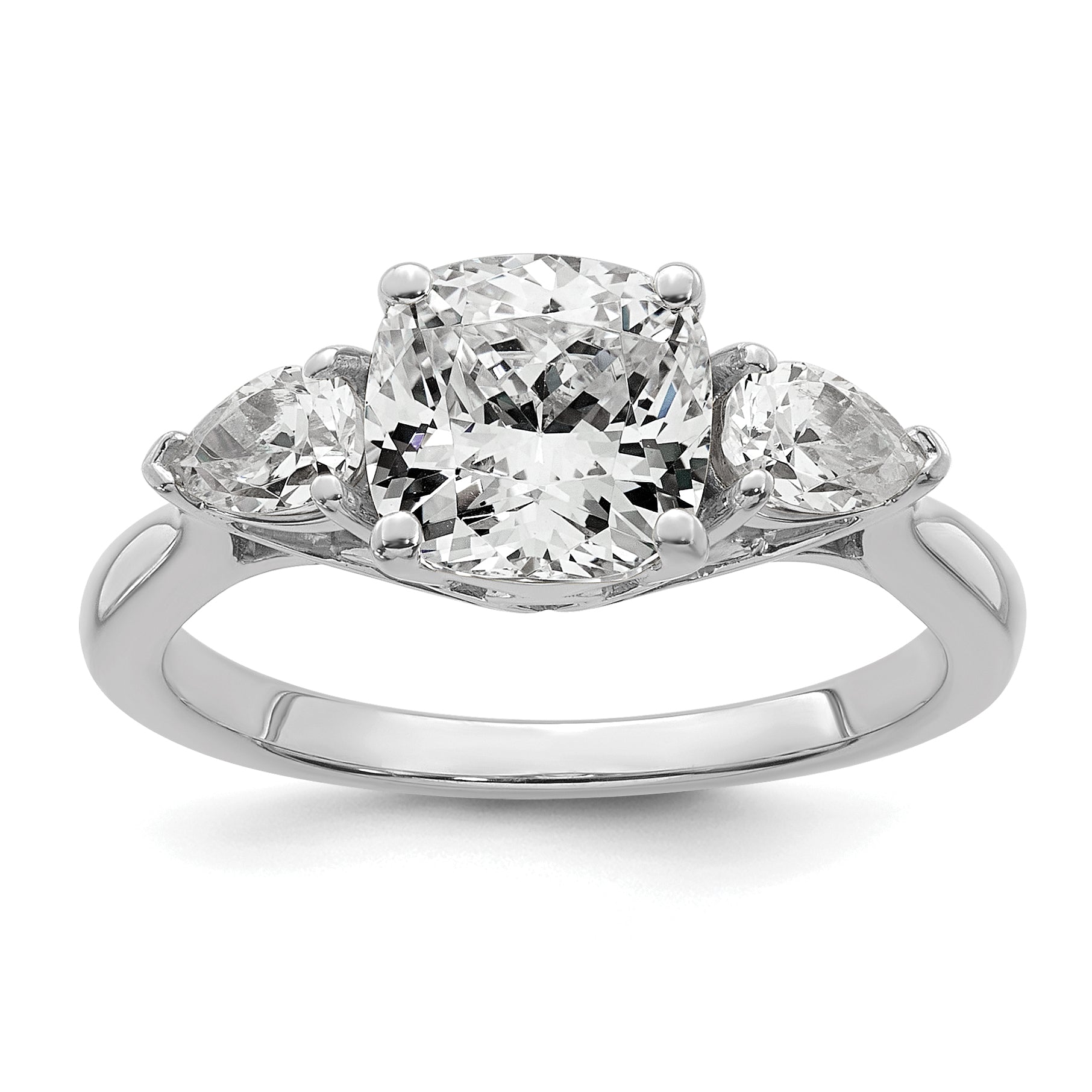 14k White Gold 2 1/2 carat Certified Lab Grown Diamond VS+ F+ Complete Cushion and Pear Three Stone Engagement Ring