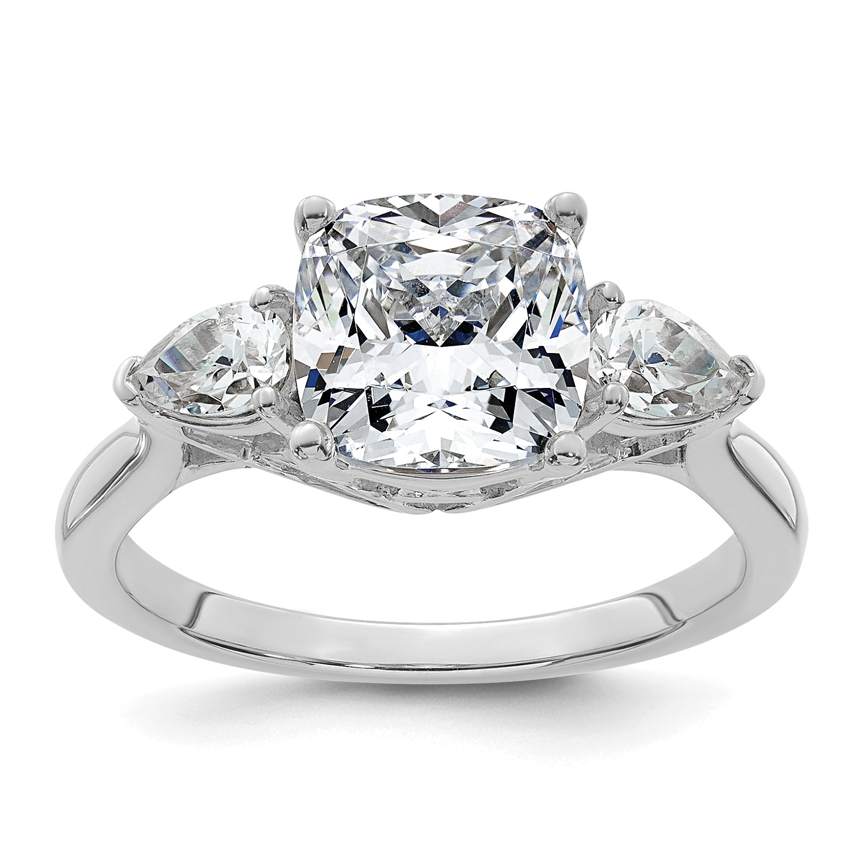 14k White Gold 3 carat Lab Grown Diamond VS+ F+ Complete Cushion and Pear Three Stone Engagement Ring