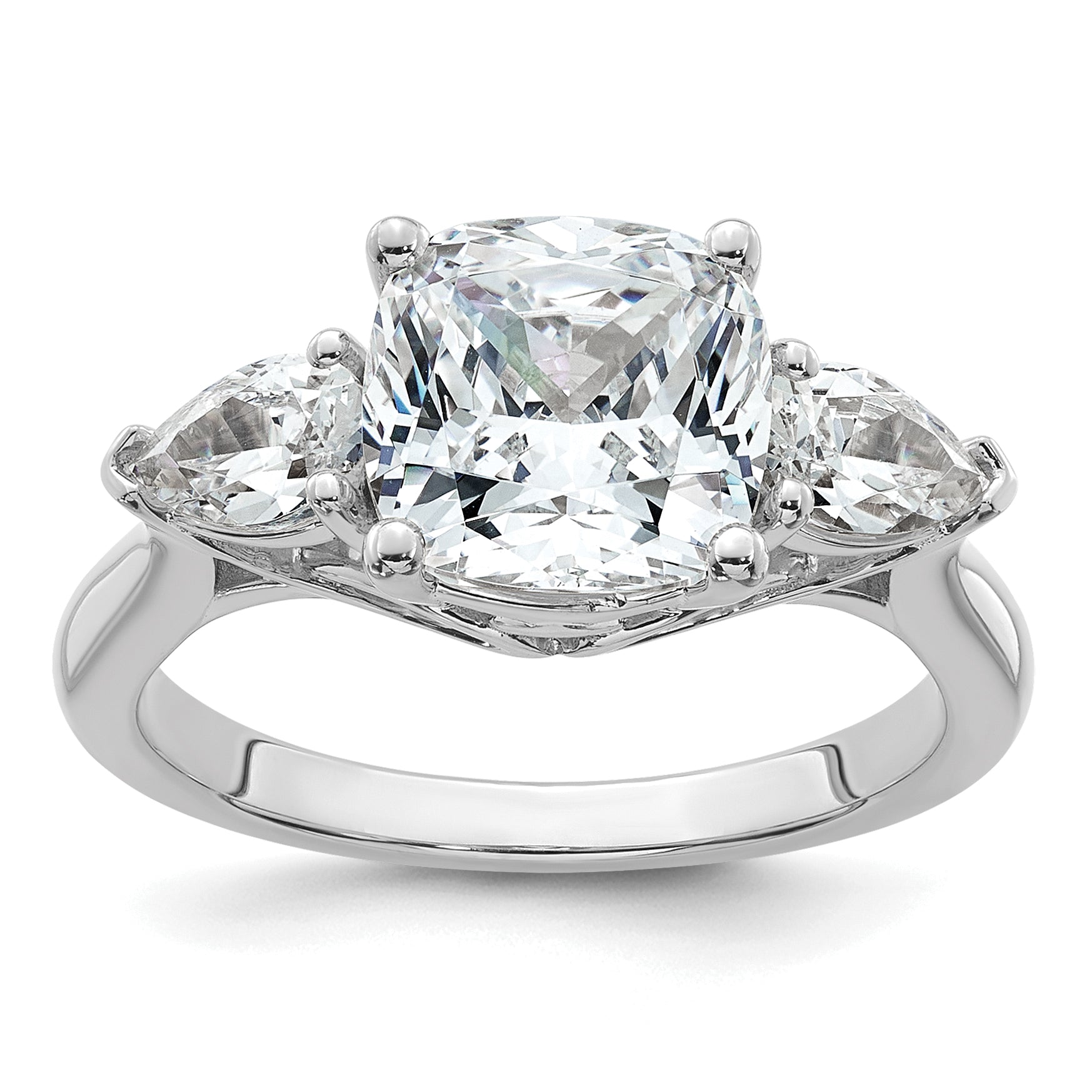 14k White Gold 3 5/8 carat Lab Grown Diamond VS+ F+ Complete Cushion and Pear Three Stone Engagement Ring