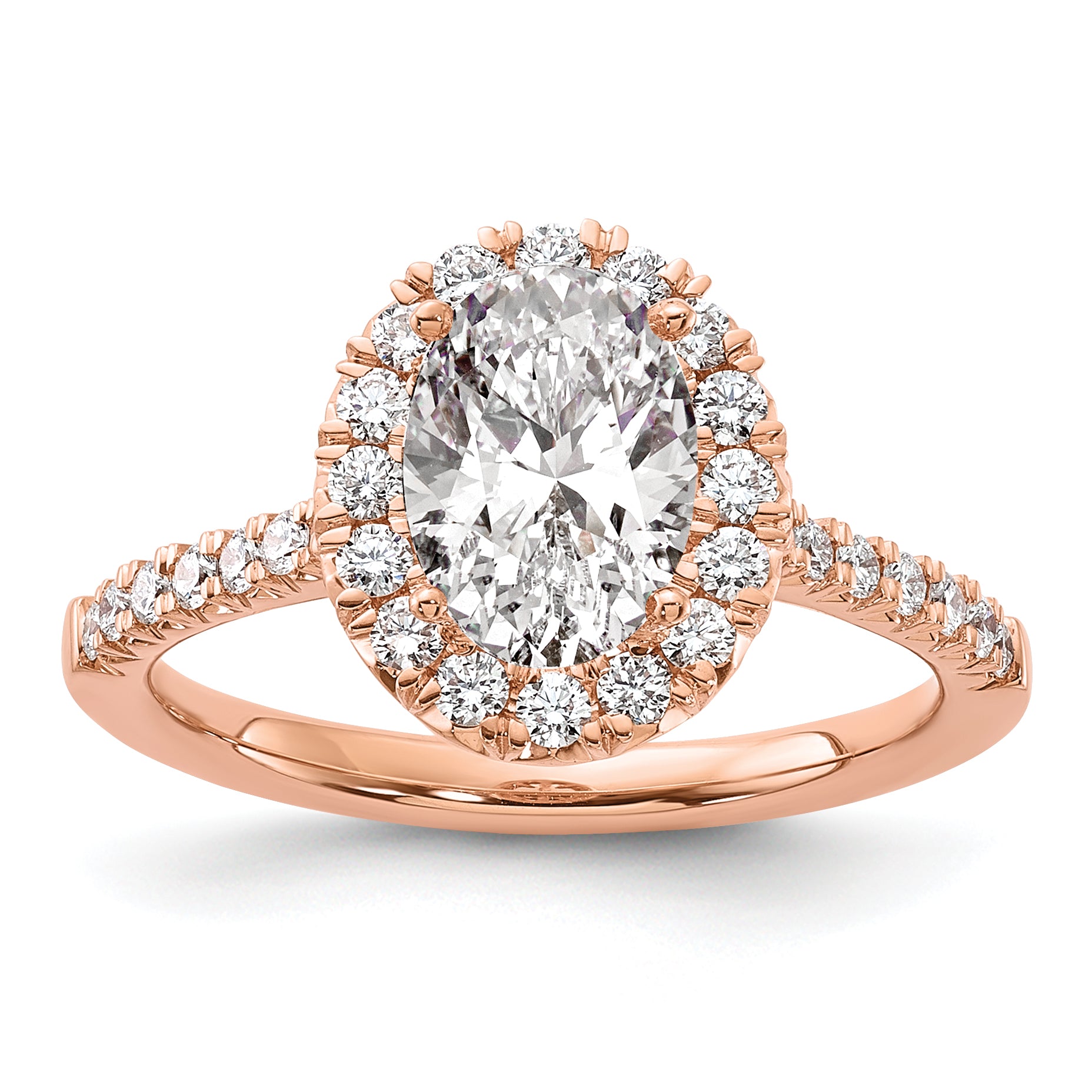 14k Rose Gold 1/2 carat Lab Grown Diamond VS/SI+ G+ 1 1/2 carat Center Oval Semi Mount Halo Engagement Ring