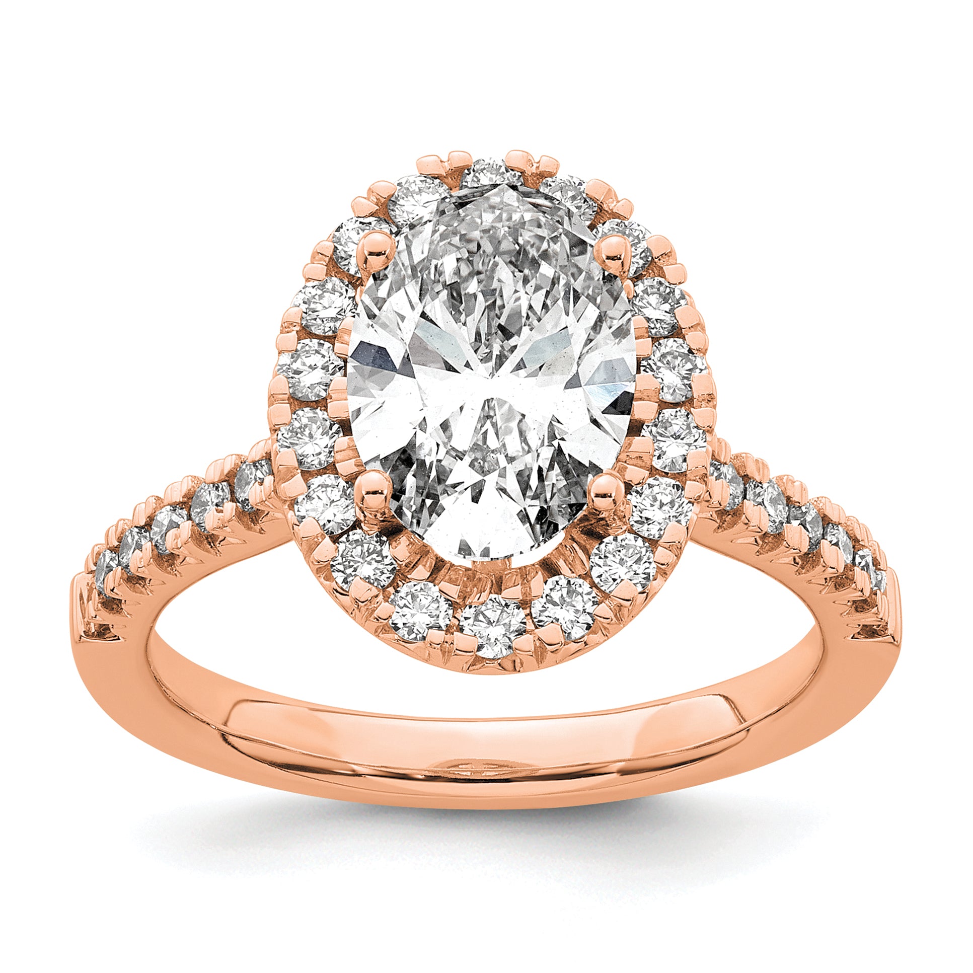 14k Rose Gold 1/2 carat Lab Grown Diamond VS/SI+ G+ 2 carat Center Oval Semi Mount Halo Engagement Ring