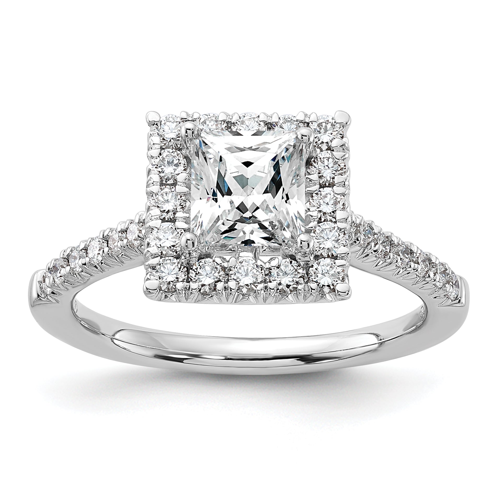 14k White Gold 1/2 carat Lab Grown Diamond VS/SI+ G+ 1 carat Center Princess Semi Mount Halo Engagement Ring