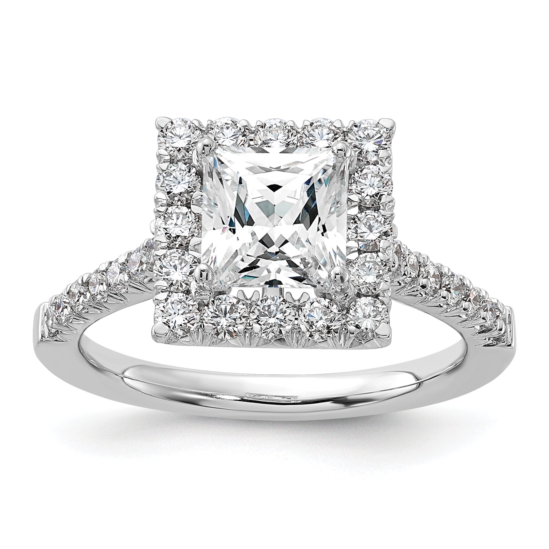 14k White Gold 3/4 carat Lab Grown Diamond VS/SI+ G+ 1 1/2 carat Center Princess Semi Mount Halo Engagement Ring