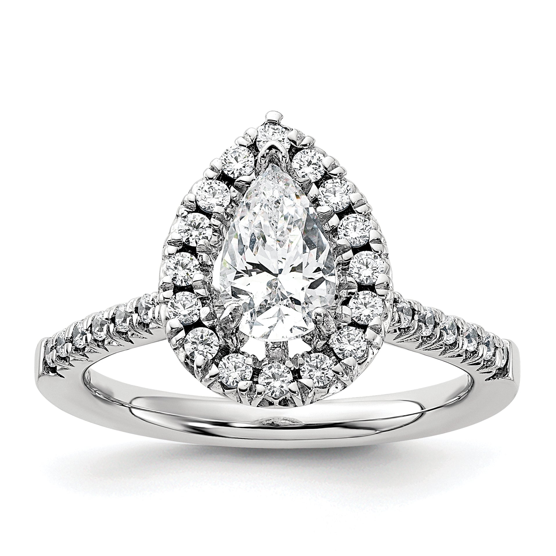 14k White Gold 3/8 carat Lab Grown Diamond VS/SI+ G+ 1 carat Center Pear Semi Mount Halo Engagement Ring