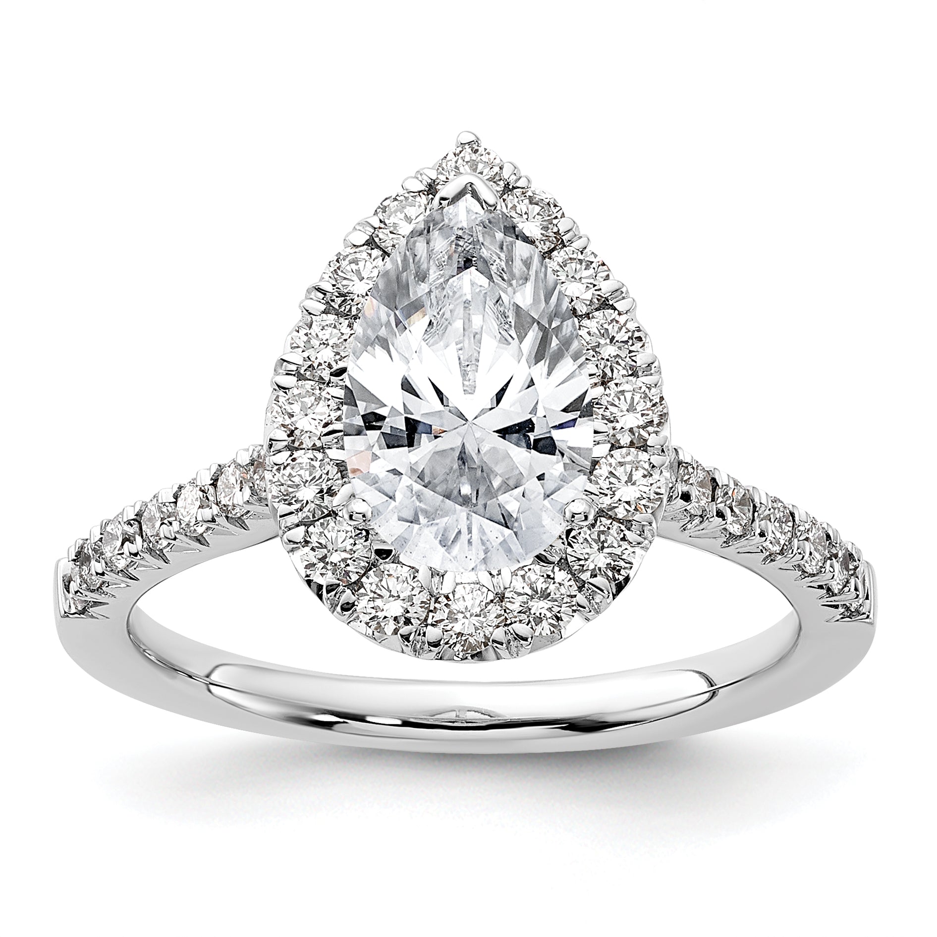 14k White Gold 5/8 carat Lab Grown Diamond VS/SI+ G+ 1 1/2 carat Center Pear Semi Mount Halo Engagement Ring
