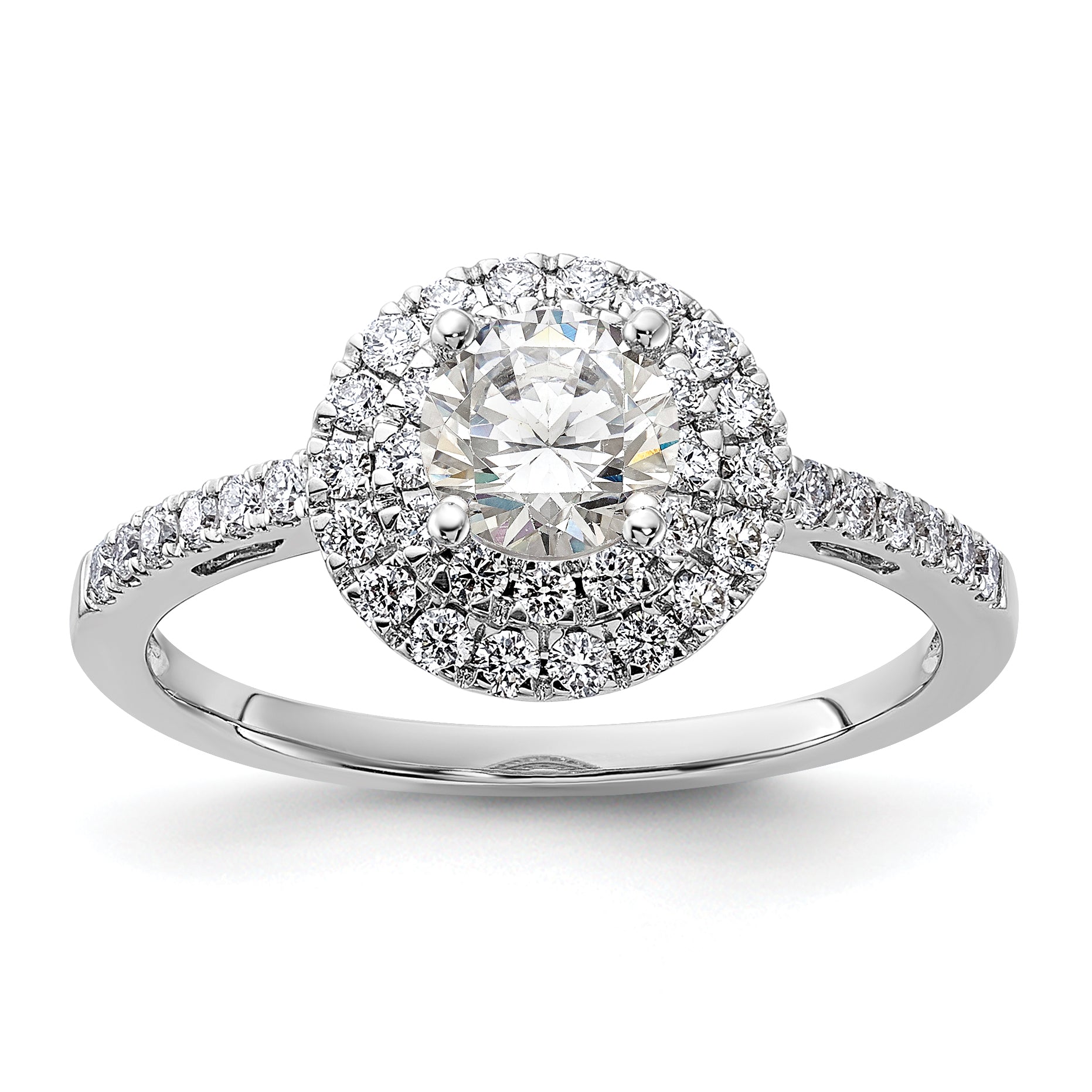 14k White Gold 7/8 carat Lab Grown Diamond VS/SI+ G+ Complete Double Halo Engagement Ring