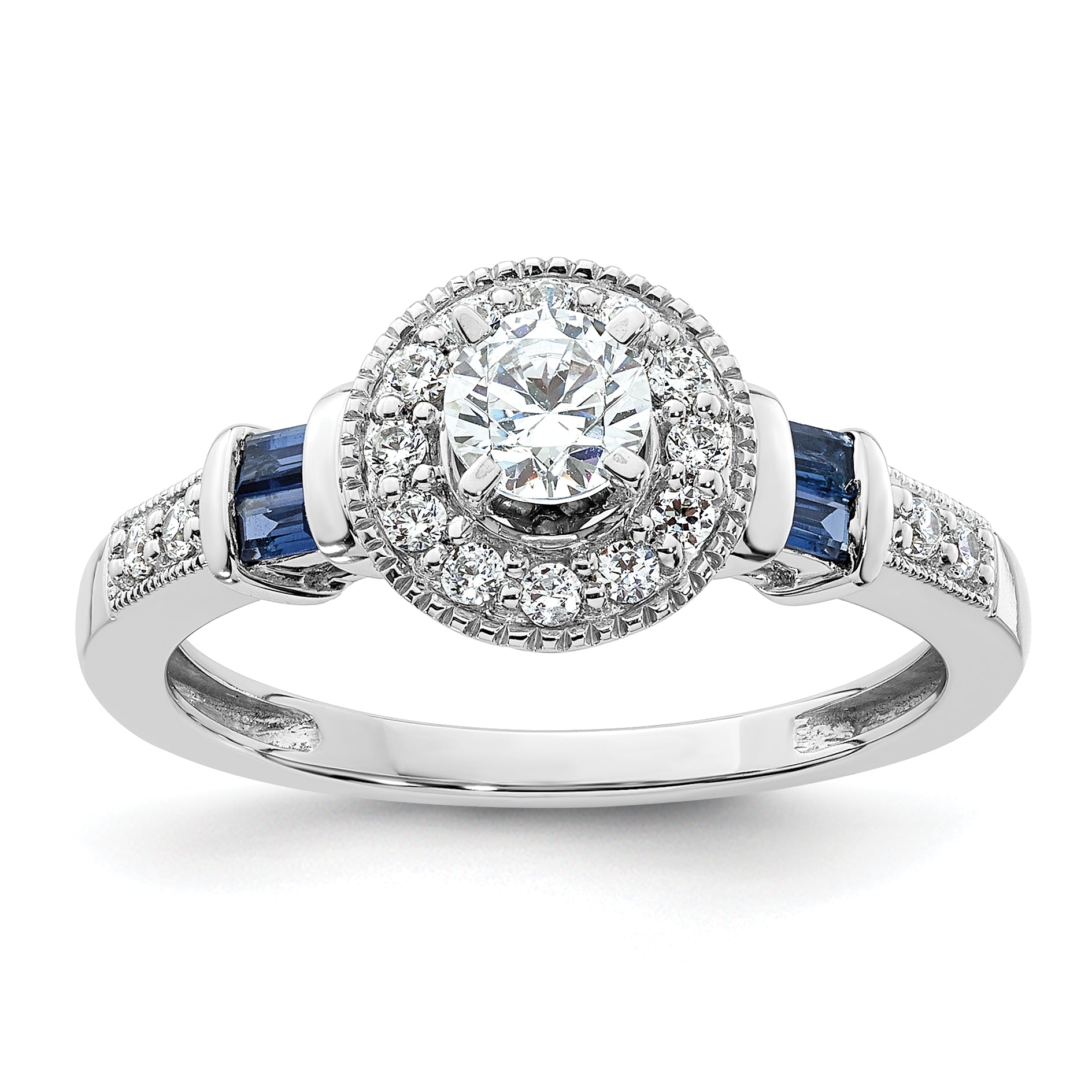 14k White Gold 1/2 carat Lab Grown Diamond VS/SI+ G+ and Created Sapphire Complete Round Halo Engagement Ring