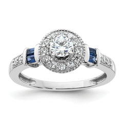 14k White Gold 1/2 carat Lab Grown Diamond VS/SI+ G+ and Created Sapphire Complete Round Halo Engagement Ring