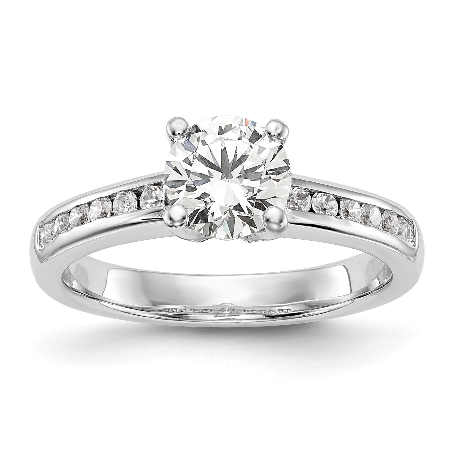 14k White Gold 1/4 carat Lab Grown Diamond VS/SI+ G+ 1 carat Center Round Semi Mount Channel Set Shared Prong Engagement Ring