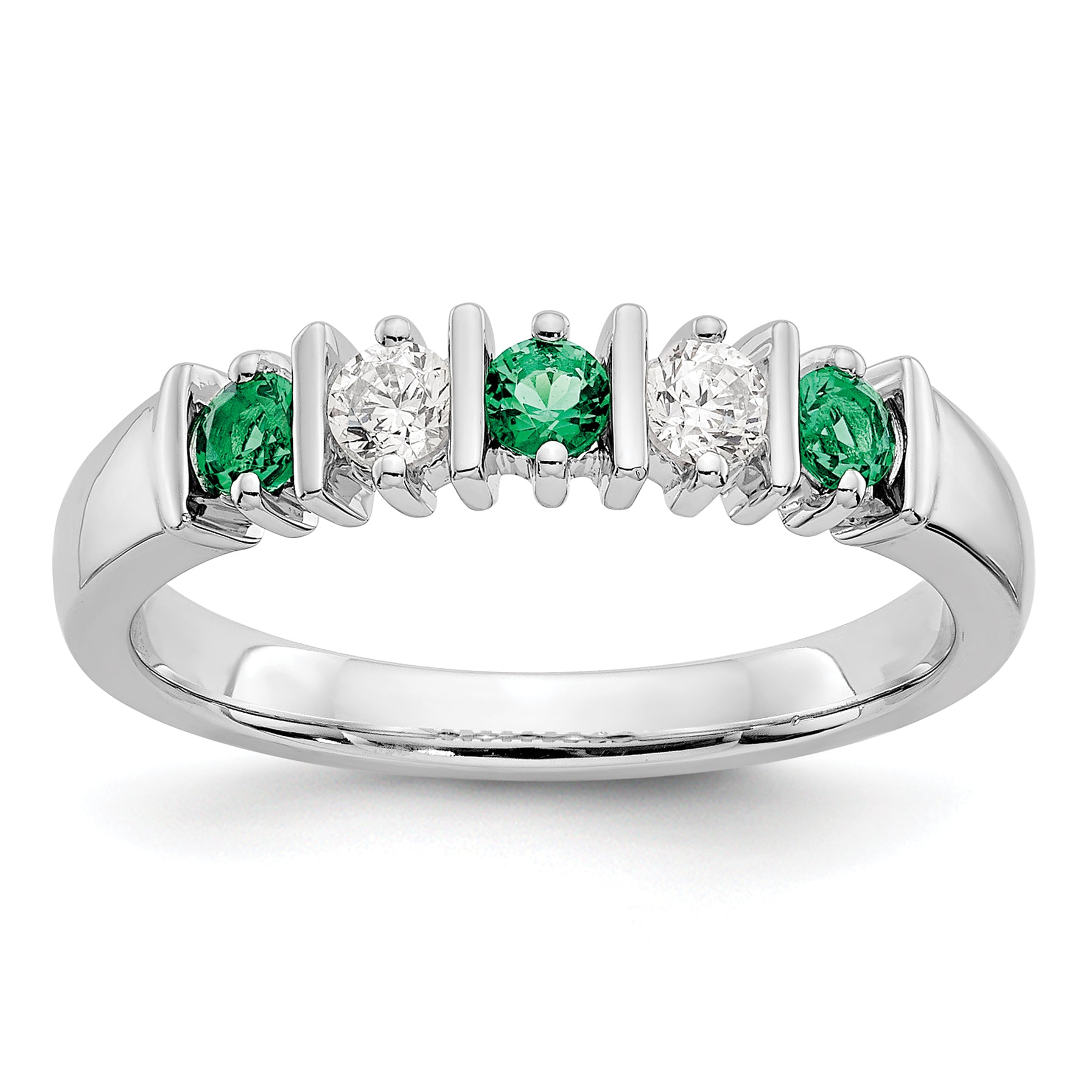 14k White Gold 1/5 carat Diamond and Emerald Complete Band