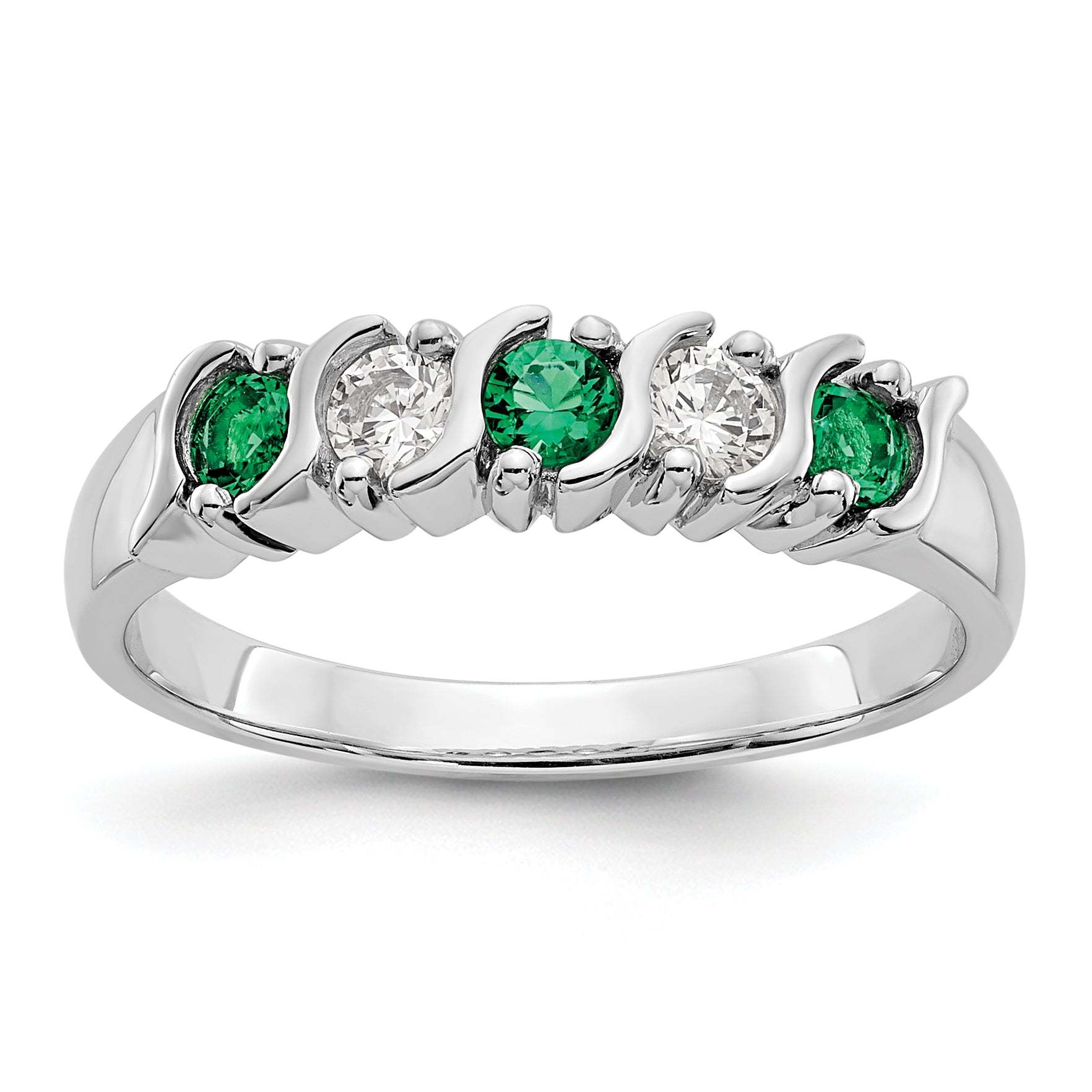 14k White Gold 1/5 carat Diamond and Emerald Complete Band