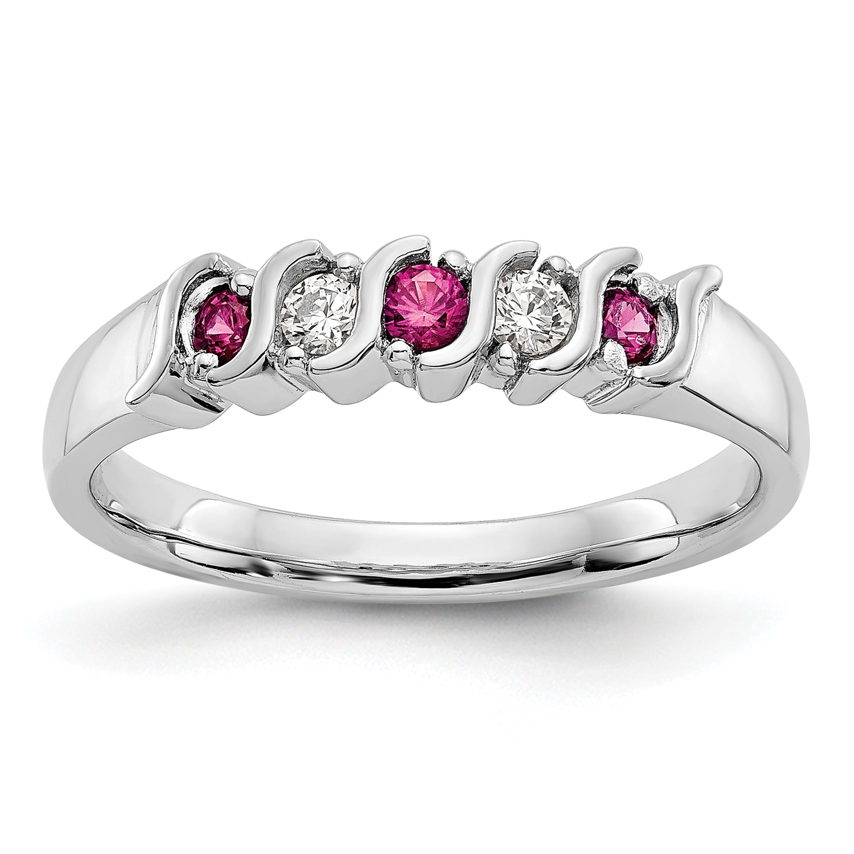 14k White Gold 1/10 carat Diamond and Ruby Complete Band