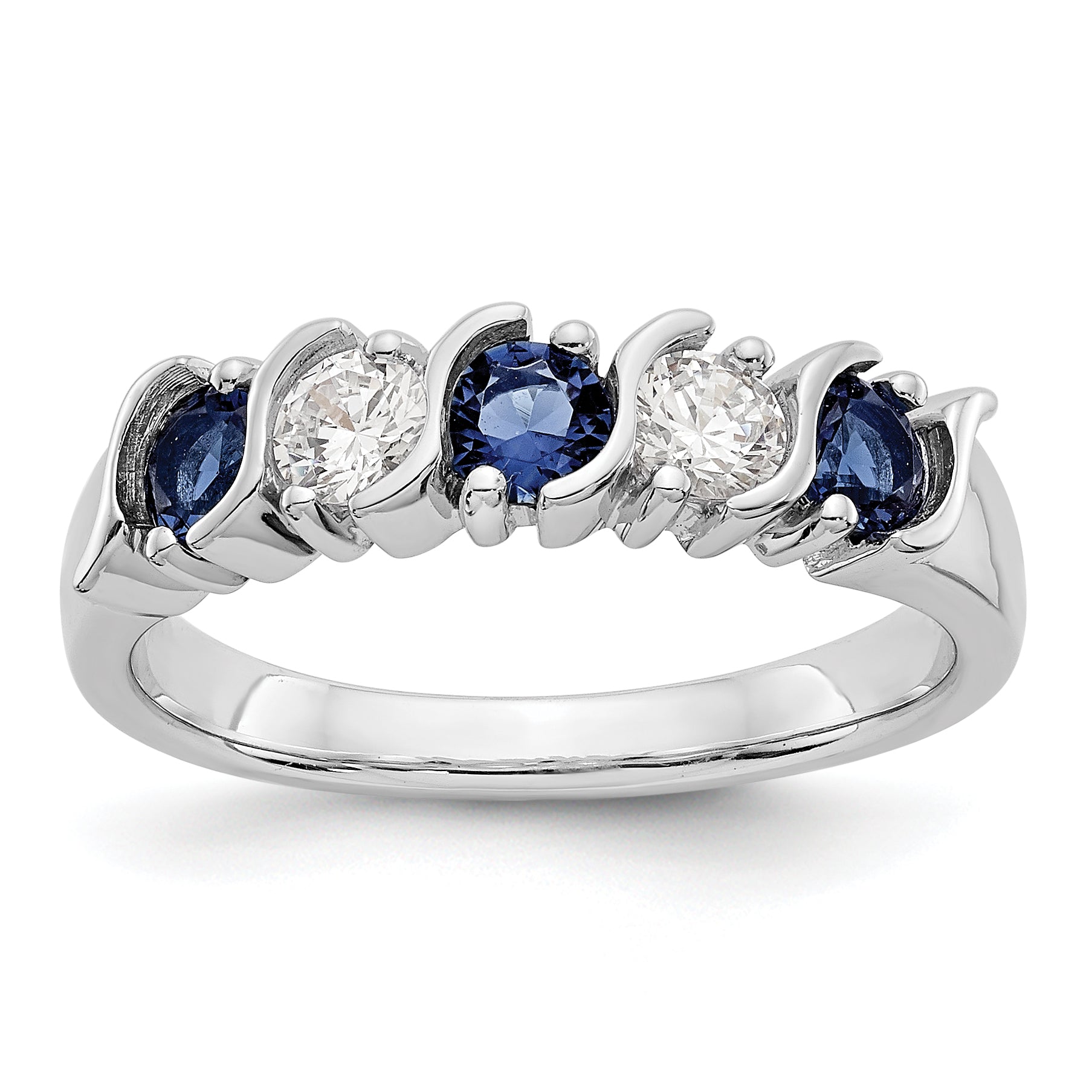 14k White Gold 1/3 carat Diamond and Blue Sapphire Complete Band