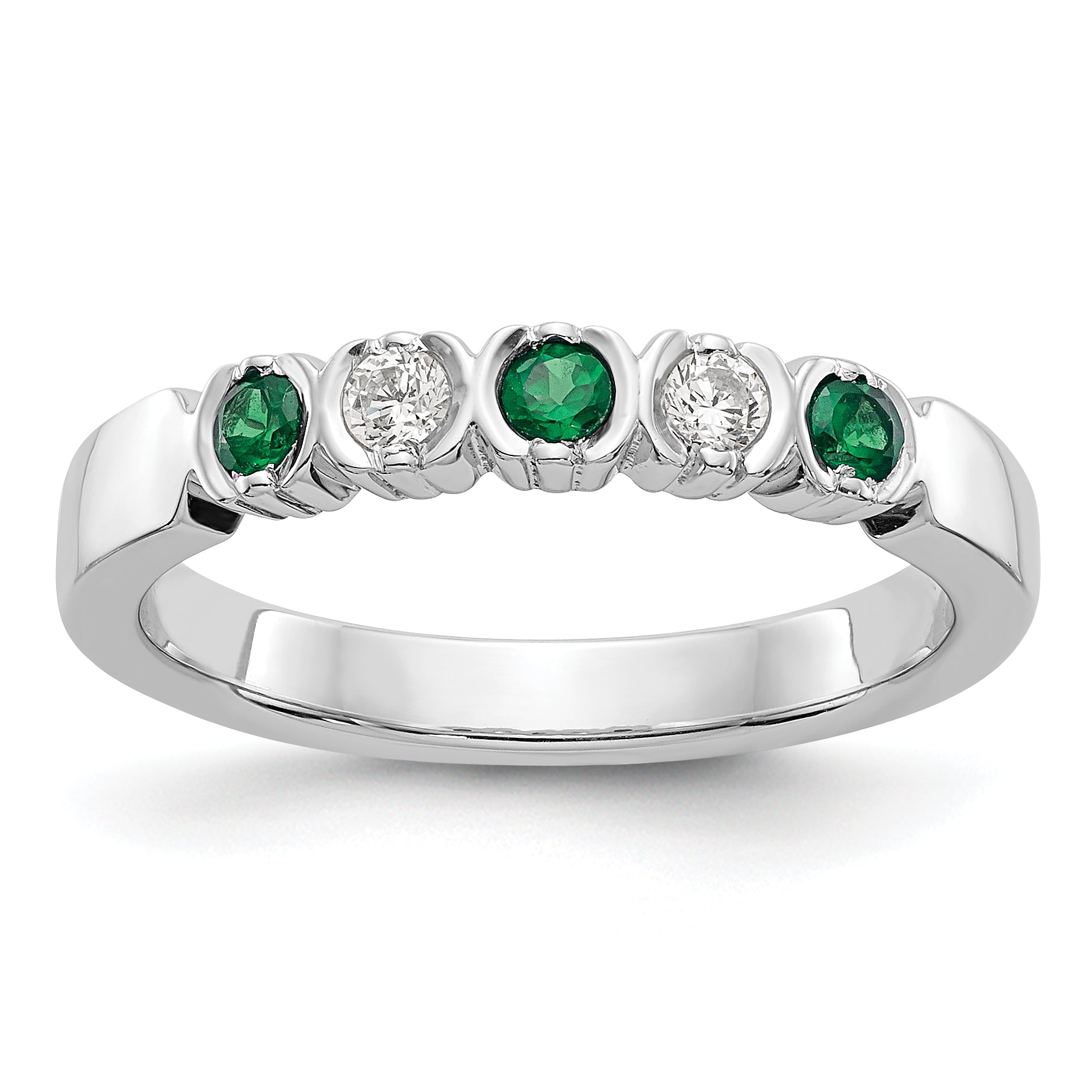 14k White Gold 1/10 carat Diamond and Emerald Complete Band