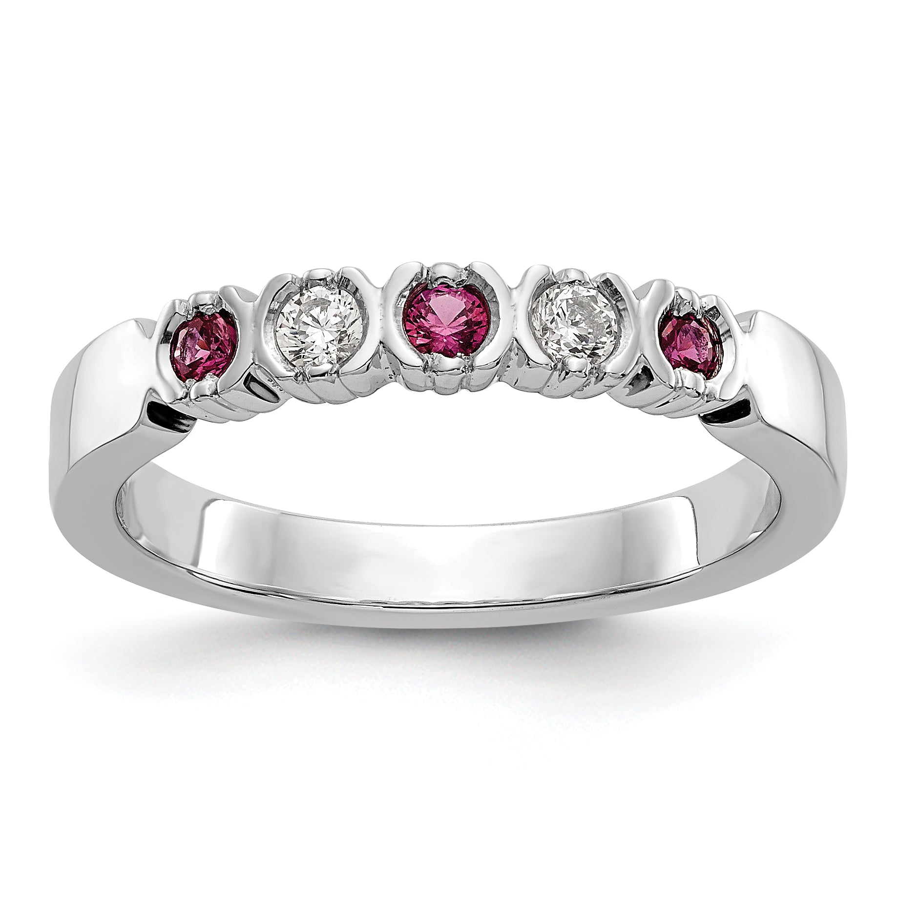 14k White Gold 1/10 carat Diamond and Ruby Complete Band