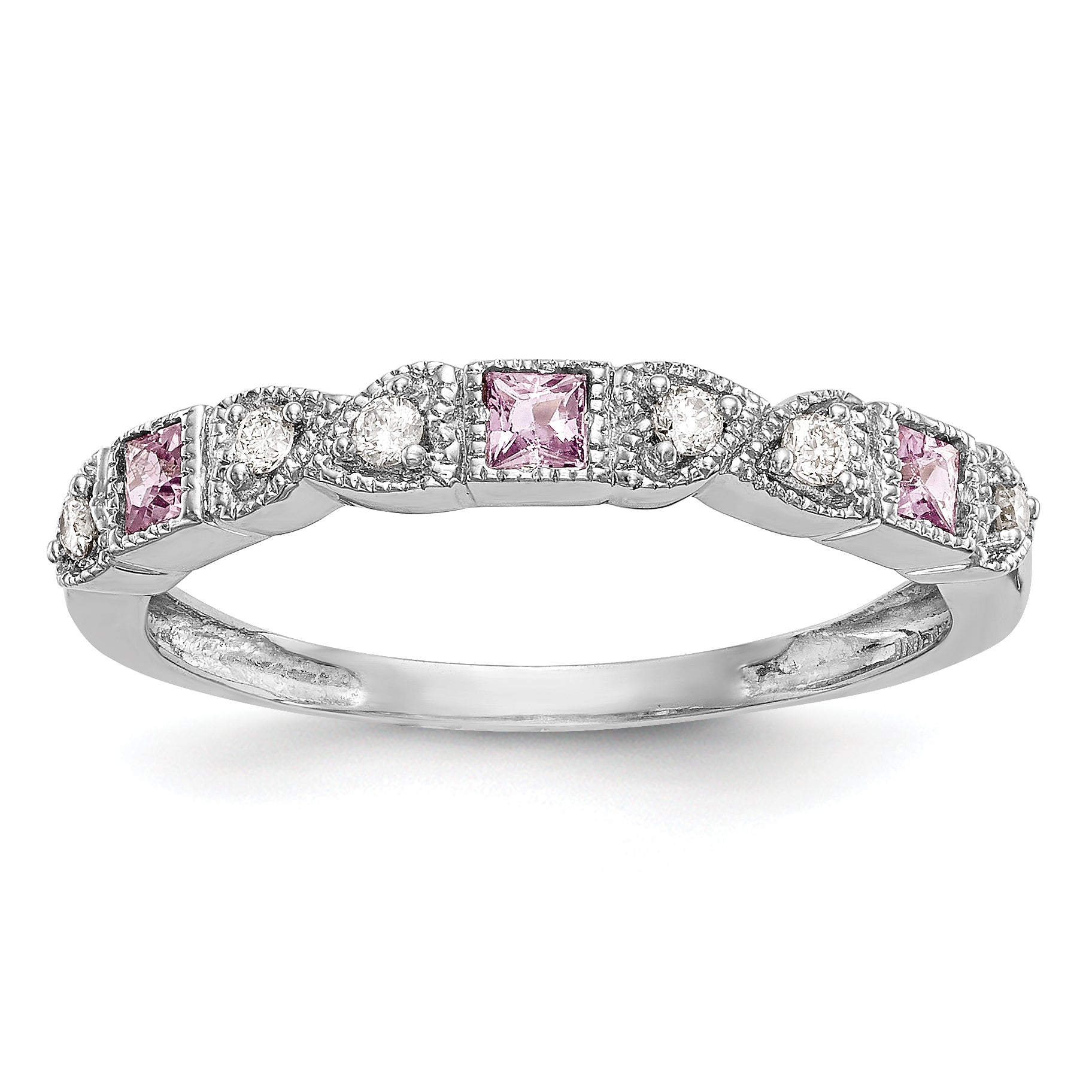 14k White Gold Heart Design 1/10 carat Diamond and Pink Sapphire Complete Band
