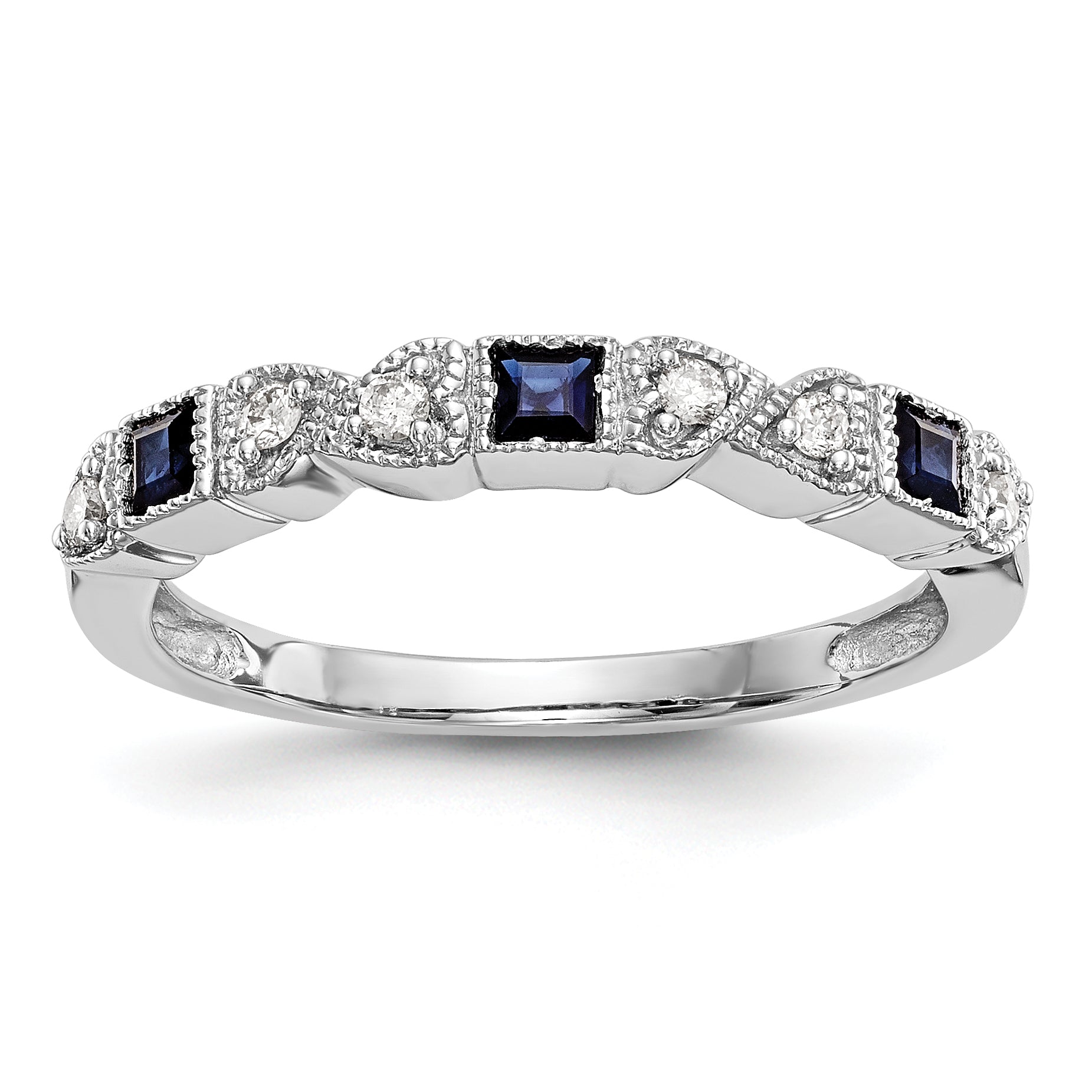 14k White Gold Heart Design 1/10 carat Diamond and Blue Sapphire Complete Band