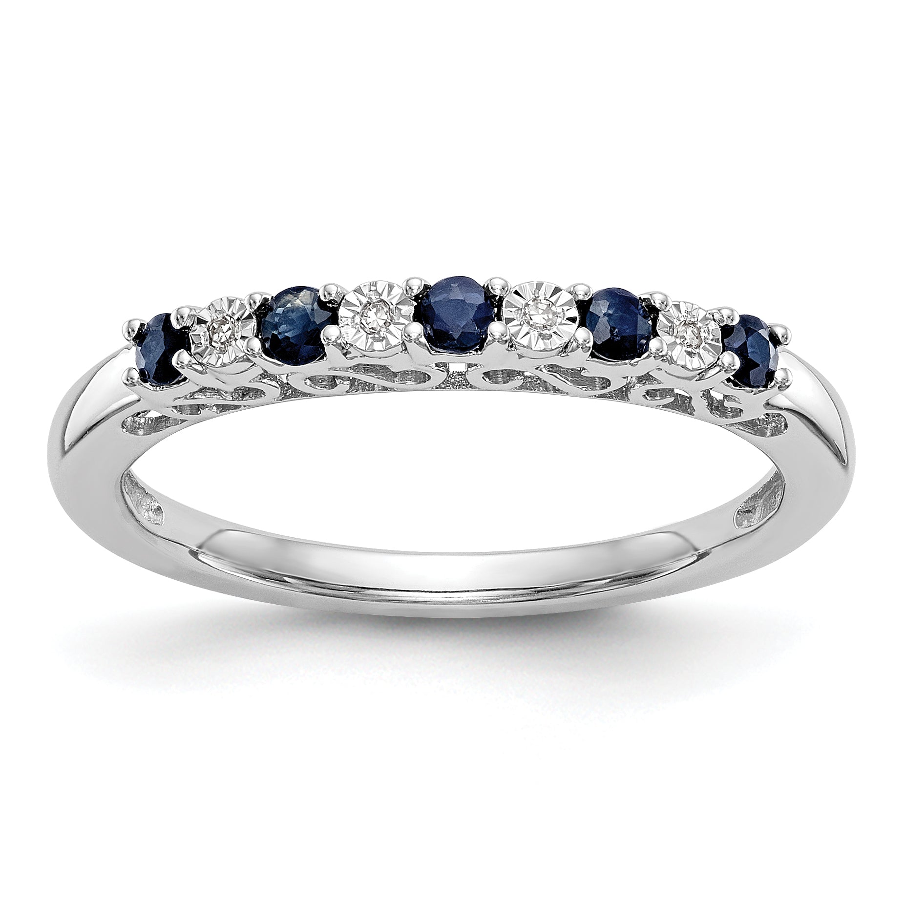 14k White Gold .01 carat Diamond and Blue Sapphire Complete Band