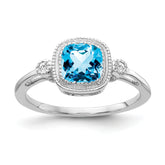 14k White Gold Cushion Blue Topaz and Diamond Ring