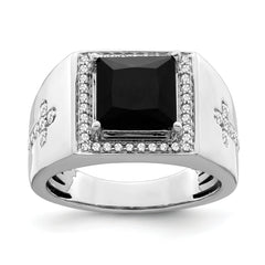 14k White Gold Onyx and Diamond Cross Mens Ring