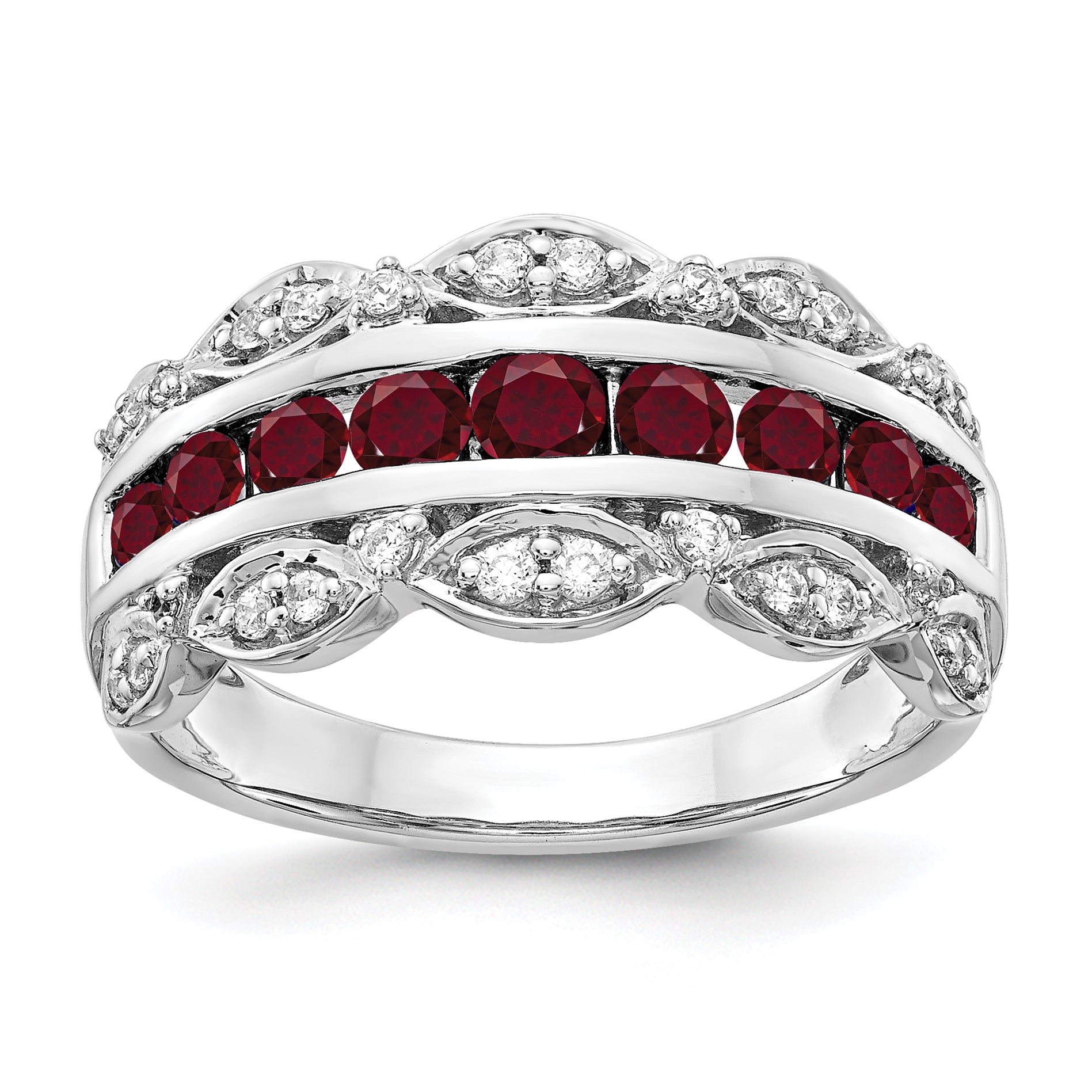 14k White Gold 1/5 carat Lab Grown Diamond VS/SI+ G+ and Lab Created Ruby Complete Fancy Ring