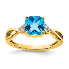 10k Checkerboard Blue Topaz and Diamond Ring