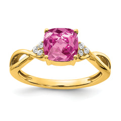 10k Checkerboard Created Pink Sapphire and Diamond Ring